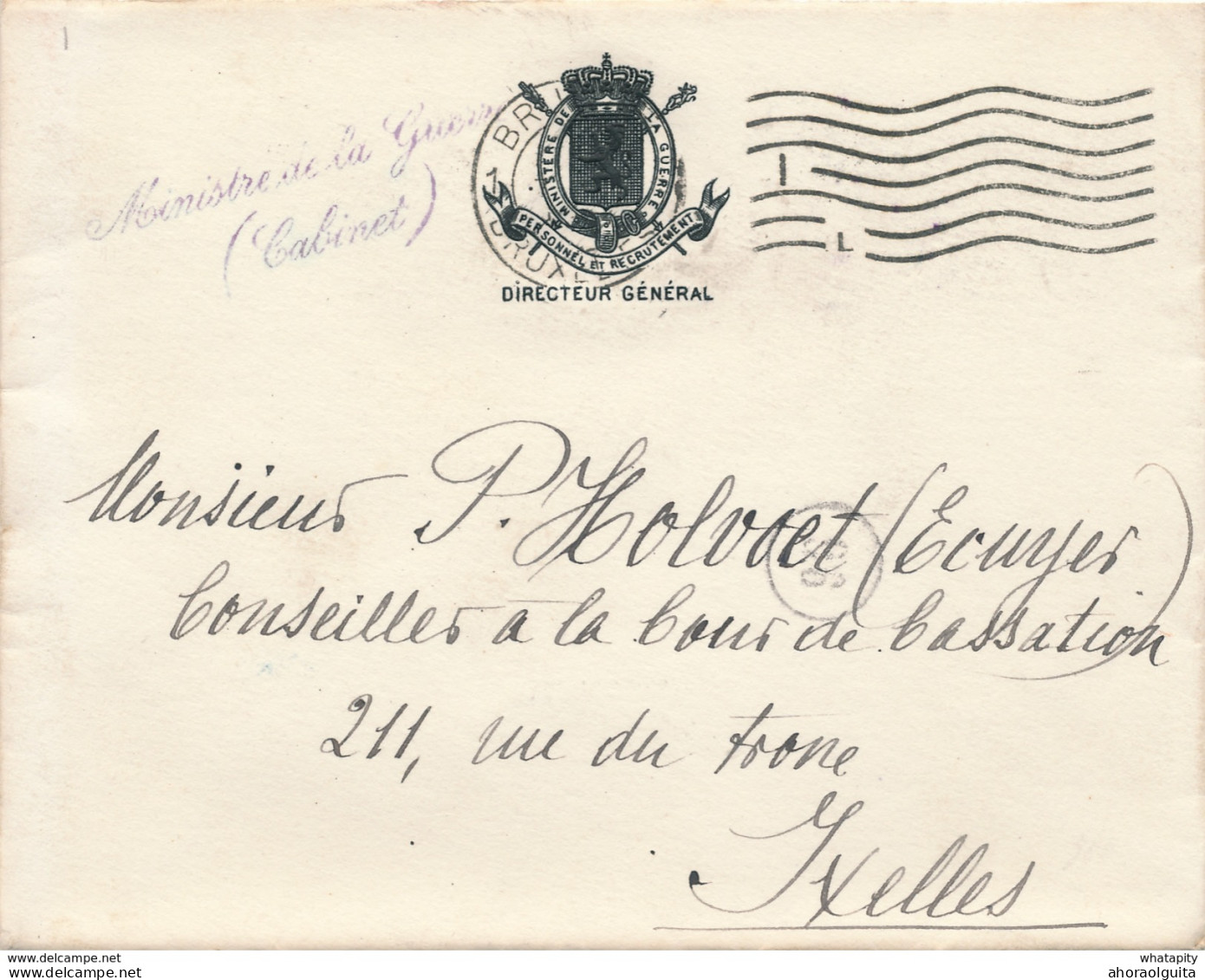 YY659 - Enveloppe En Franchise BRUXELLES Vers 1910 - Griffe Cursive MINISTERE DE LA GUERRE (Cabinet) - Franchise