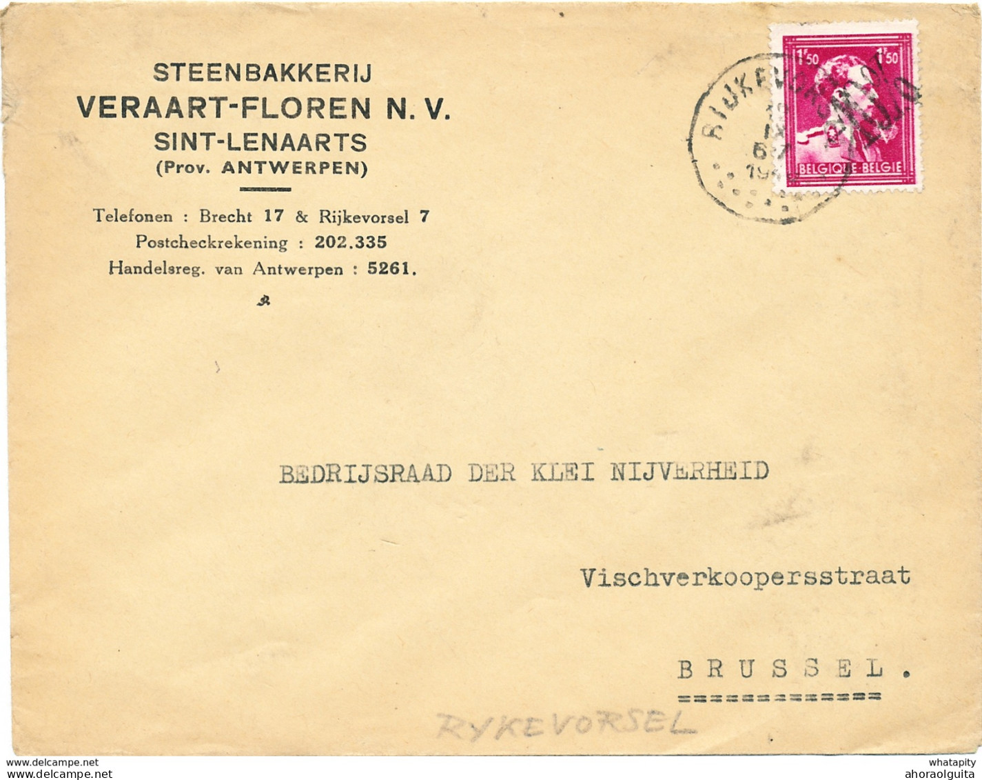 YY482 - Lettre TP Moins 10 % Surcharge Locale RIJKEVORSEL 1946 - Entete Steenbakkerij Veraart-Floren à ST LENAARTS - 1946 -10%