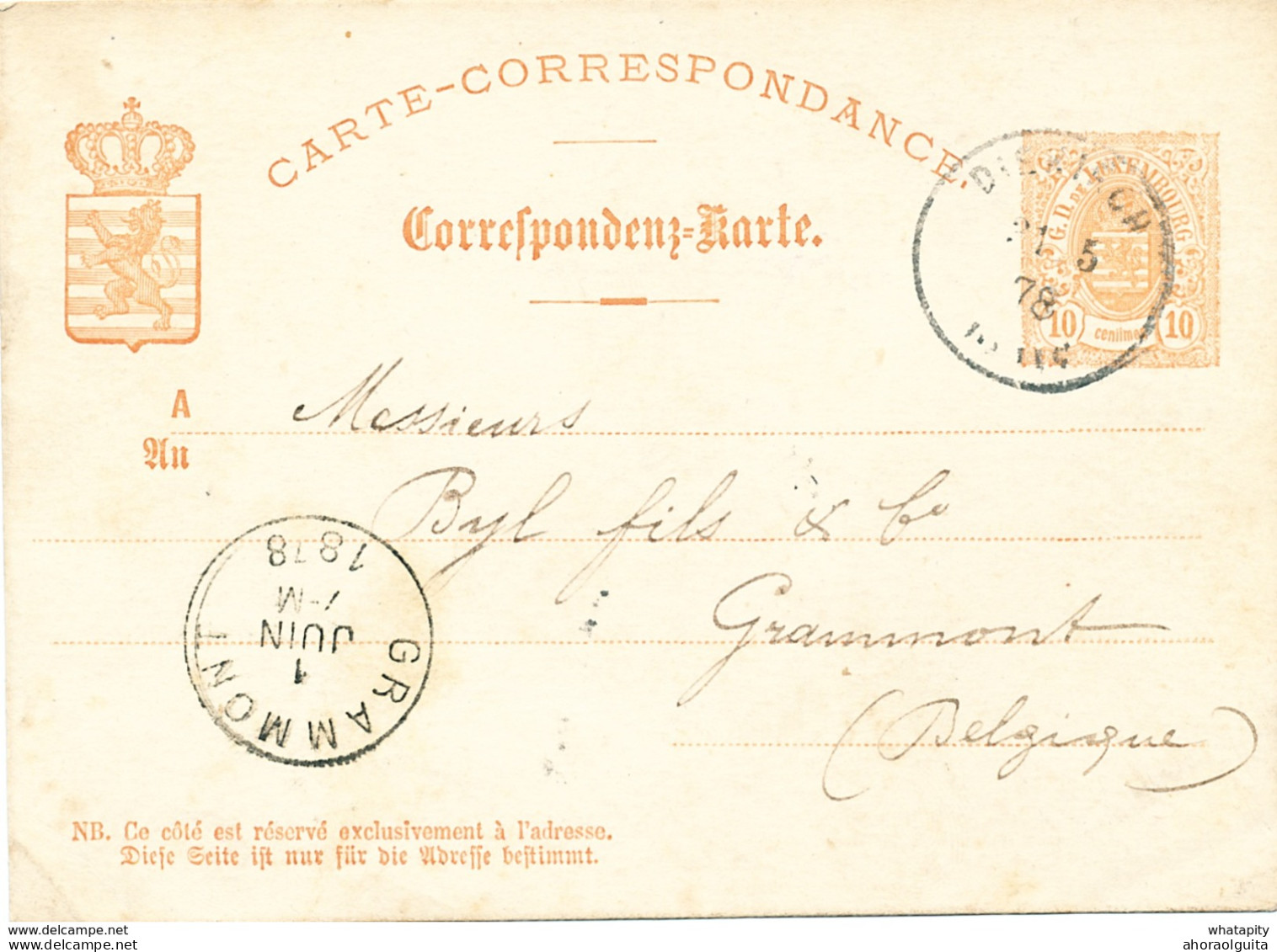 YY656 - Entier Postal Luxembourg DIEKIRCH 1878 Vers GRAMMONT - Marque De Passage Luxembourg Par Ambt Brux-Arl. - Grenzübergangsstellen