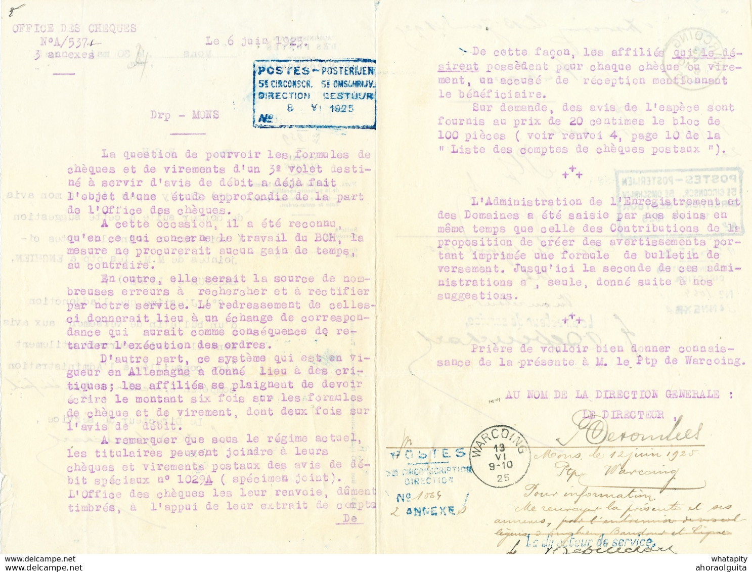 YY667 - Document De La Poste En 5 Pages 1925 - Cachets LIGNE , WARCOING Et Postes Direction 5ème Circ. En Bleu - Volantini Postali