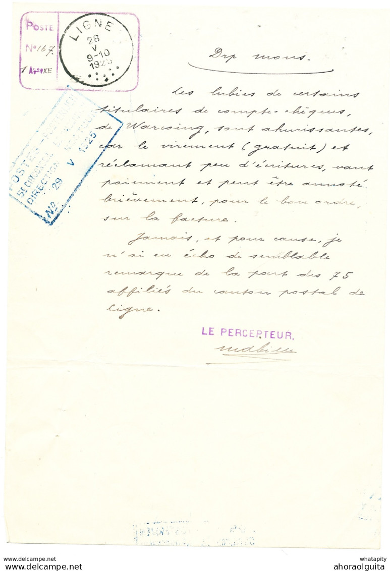 YY667 - Document De La Poste En 5 Pages 1925 - Cachets LIGNE , WARCOING Et Postes Direction 5ème Circ. En Bleu - Volantini Postali