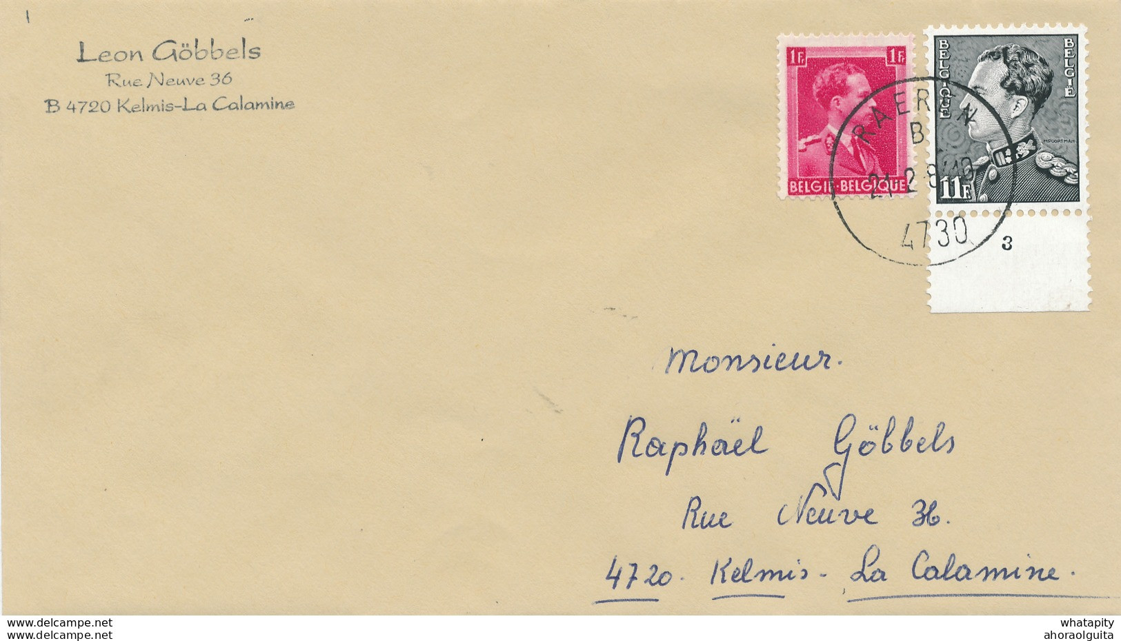YY207 - CANTONS DE L'EST - Lettre TP Poortman 11 F ( No De Planche 3 ) Et Col Ouvert RAEREN 1984 Vers KELMIS - 1935-1949 Small Seal Of The State