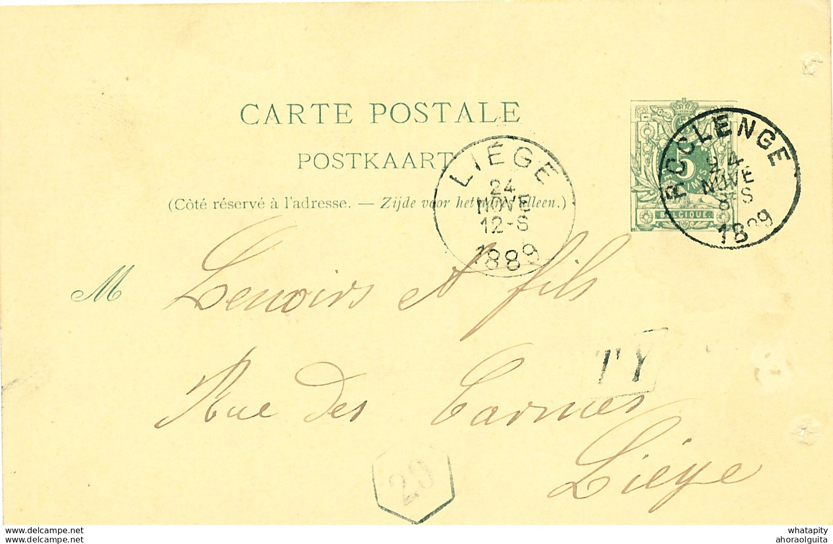 106/26 - Entier Postal Lion Couché ROCLENGE 1889 - Boite Urbaine TY - Origine Manuscrite EBEN (EMAEL) - Landelijks Post