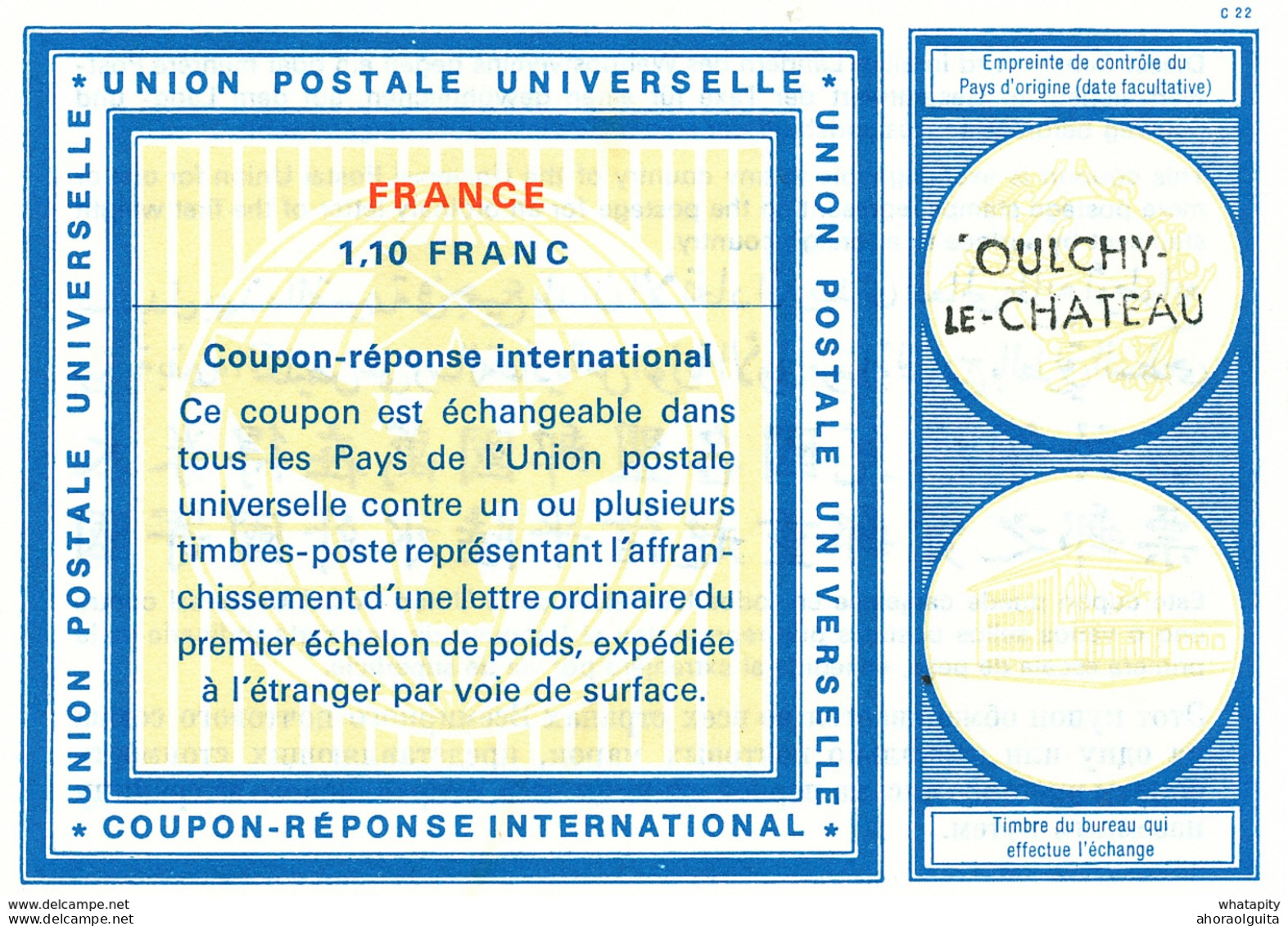 DT 388 -- FRANCE Coupon Réponse International ( IRC) 1.10 Francs  - Griffe OULCHY LE CHATEAU - Antwoordbons