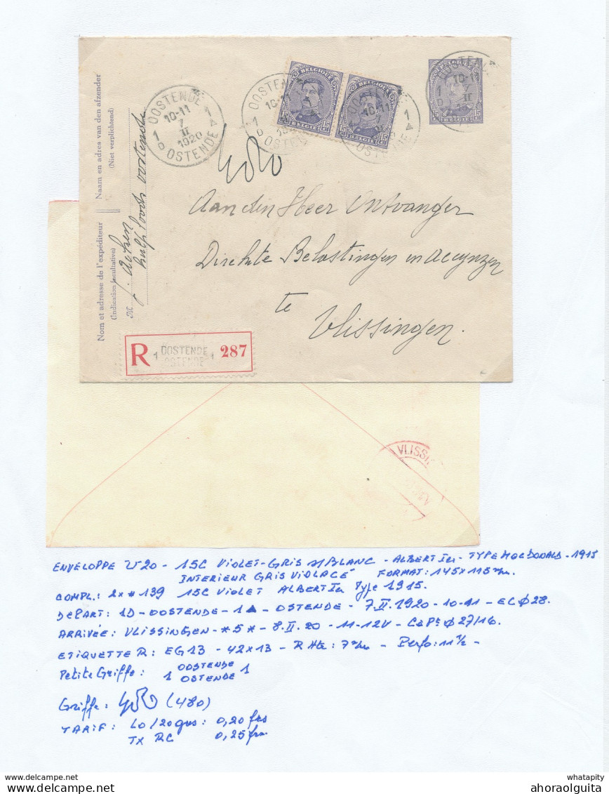 YY150 -- Enveloppe RECOMMANDEE Petit Albert U20 + TP Dito OOSTENDE 1920 Vers VLISSINGEN NL - TARIF PREFERENTIEL 45 C - Enveloppes