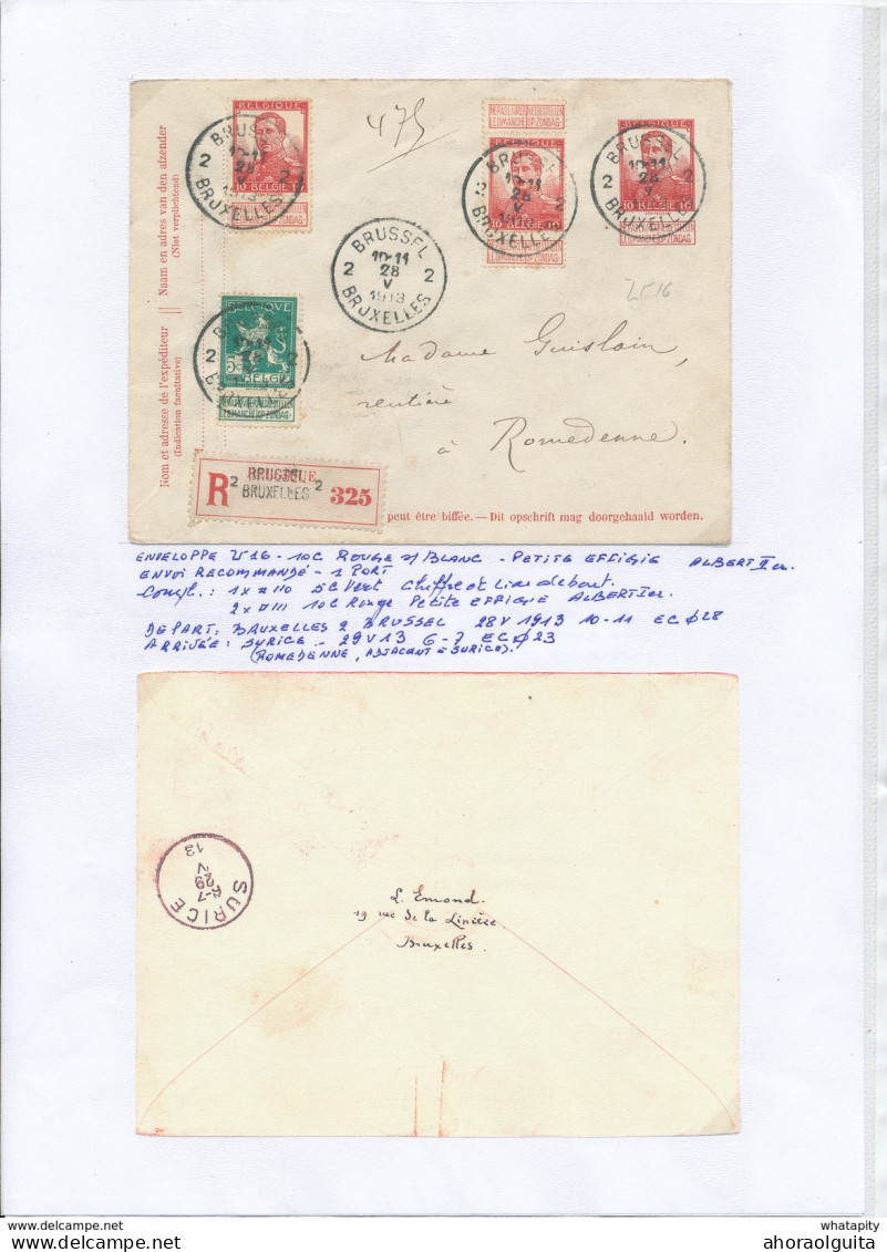 YY146 -- Enveloppe RECOMMANDEE Pellens U15 à 10 C + TP Dito BRUXELLES 2 En 1913 Vers ROMEDENNE Via SURICE - TARIF 35 C - Briefe