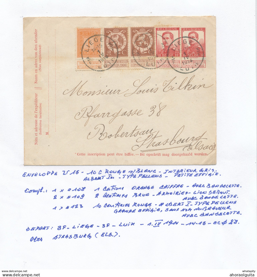 YY143 -- Enveloppe Pellens U15 à 10 C + TP Dito LIEGE 1914 Vers STRASBOURG Elzass - TARIF 25 C - Briefe