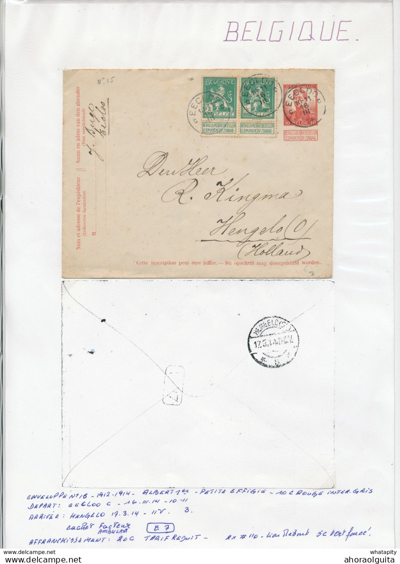 YY141 -- Enveloppe Pellens U15 à 10 C + TP 5 C X 2 EECLOO 1914 Vers Pays-Bas - TARIF PREFERENTIEL 20 C - Covers