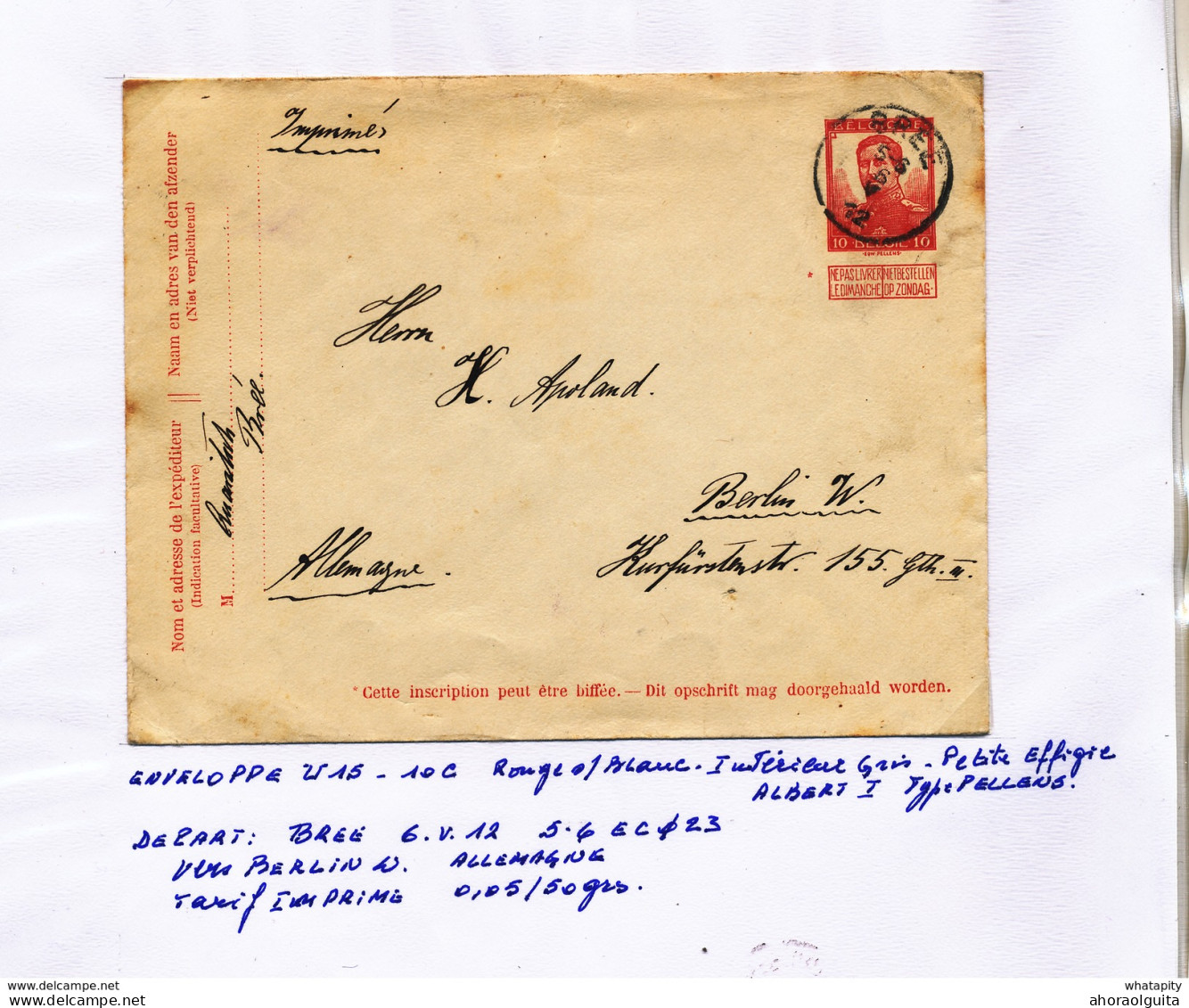 YY142 -- Enveloppe Pellens U15 à 10 C BREE 1912 Vers BERLIN - RARE TARIF IMPRIME 10 C - Enveloppes