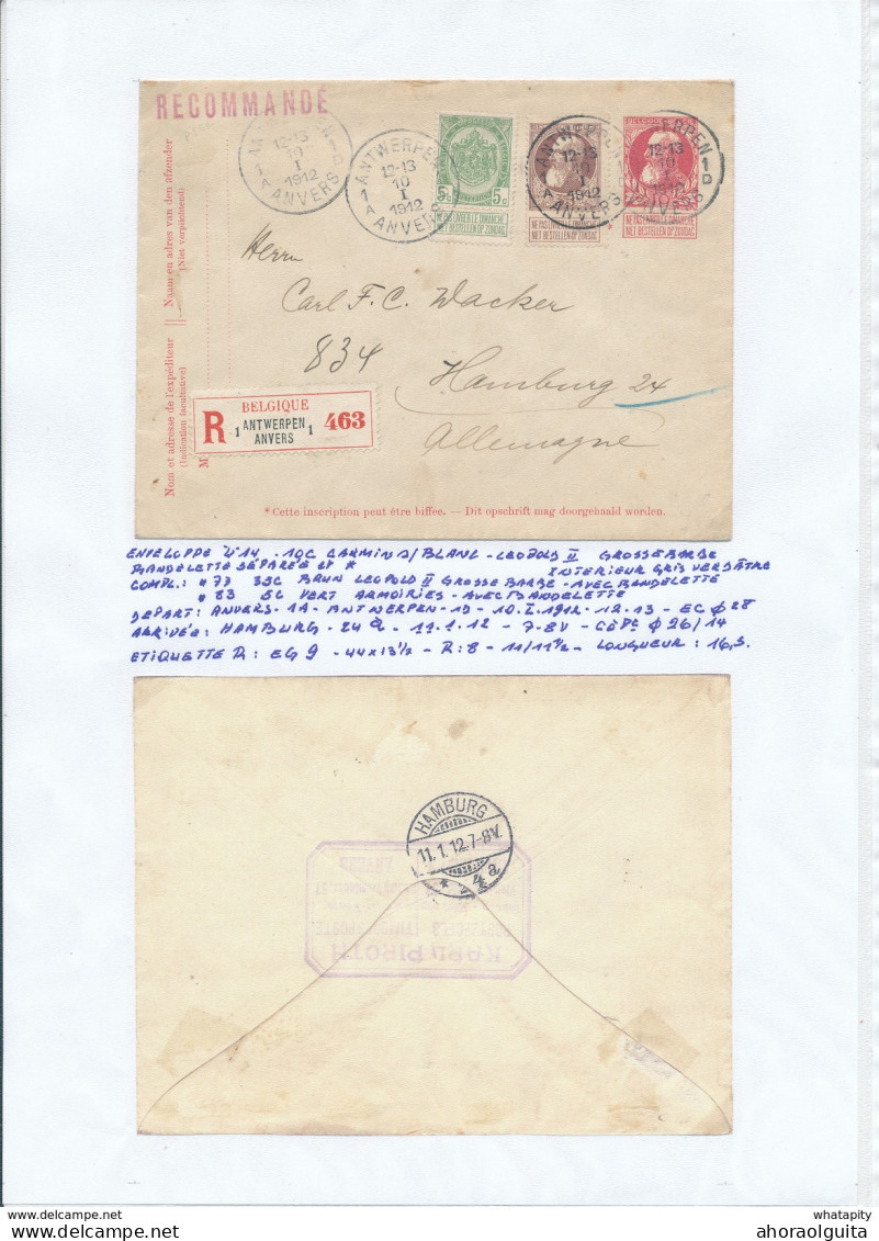 YY136 -- Enveloppe  RECOMMANDEE Grosse Barbe U14 à 10 C + TP 5 Et 35 C ANTWERPEN 1912 Vers Allemagne - TARIF 50 C - Buste