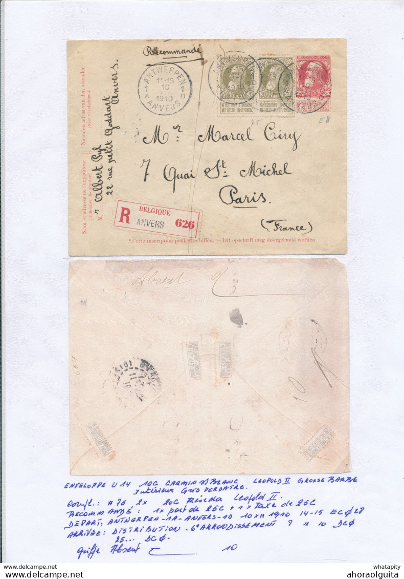 YY137 -- Enveloppe  RECOMMANDEE Grosse Barbe U14 à 10 C + TP 20 C X 2 ANTWERPEN 1910 Vers PARIS France - TARIF 50 C - Covers