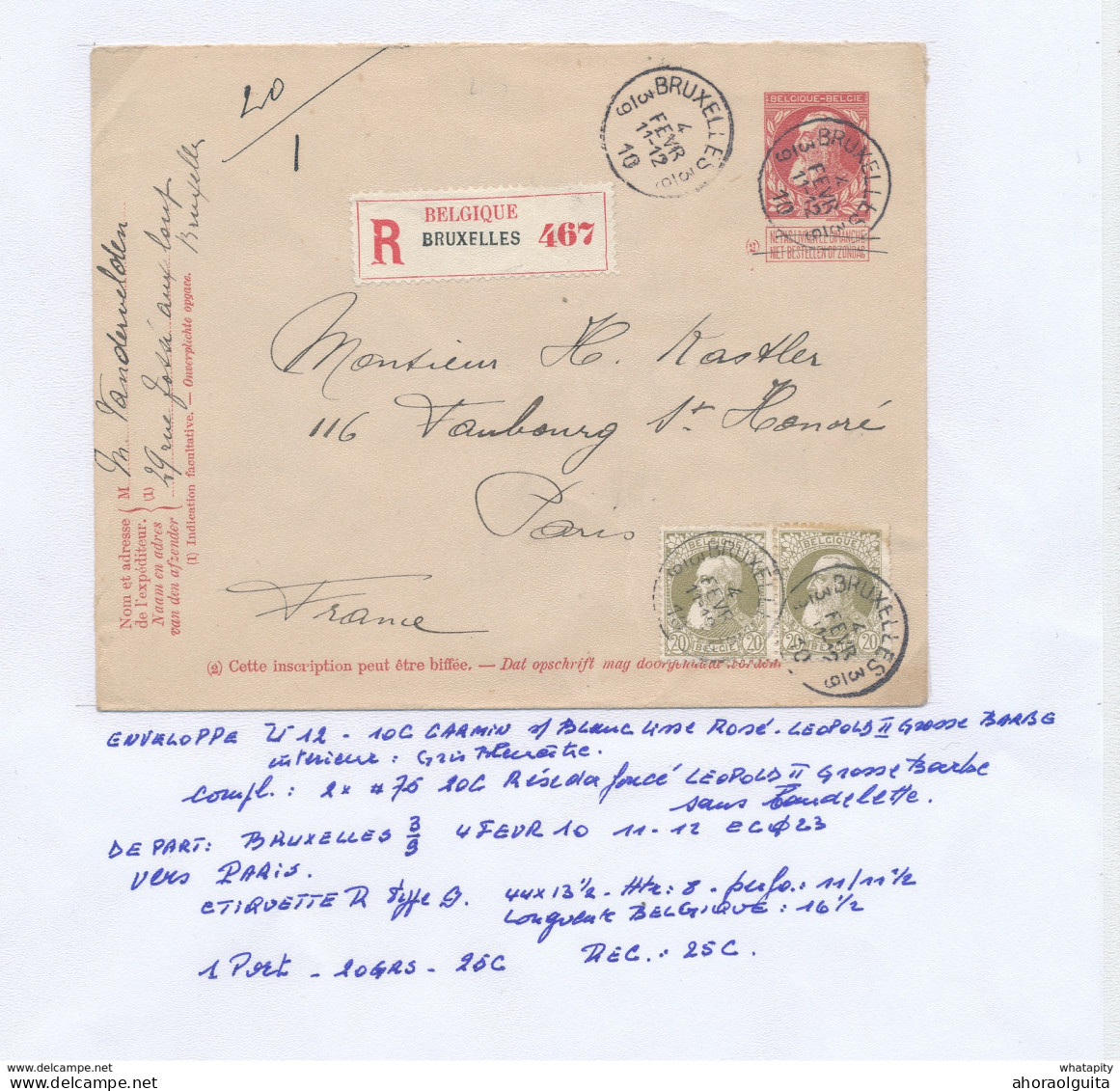 YY133 -- Enveloppe RECOMMANDEE Grosse Barbe U12 à 10 C + TP 20 C X 2 BRUXELLES 1910 Vers PARIS France - TARIF 50 C - Omslagen