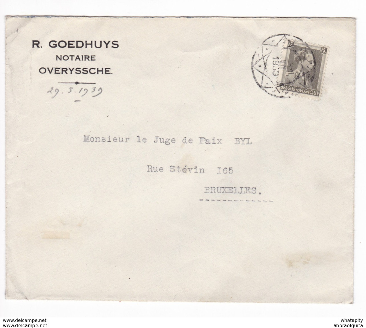 883/29 - OVERIJSE - Lettre TP Col Ouvert Roulette De Diamant 1939 - Entete Notaire Goedhuys , OVERYSSCHE - 1936-1957 Open Kraag