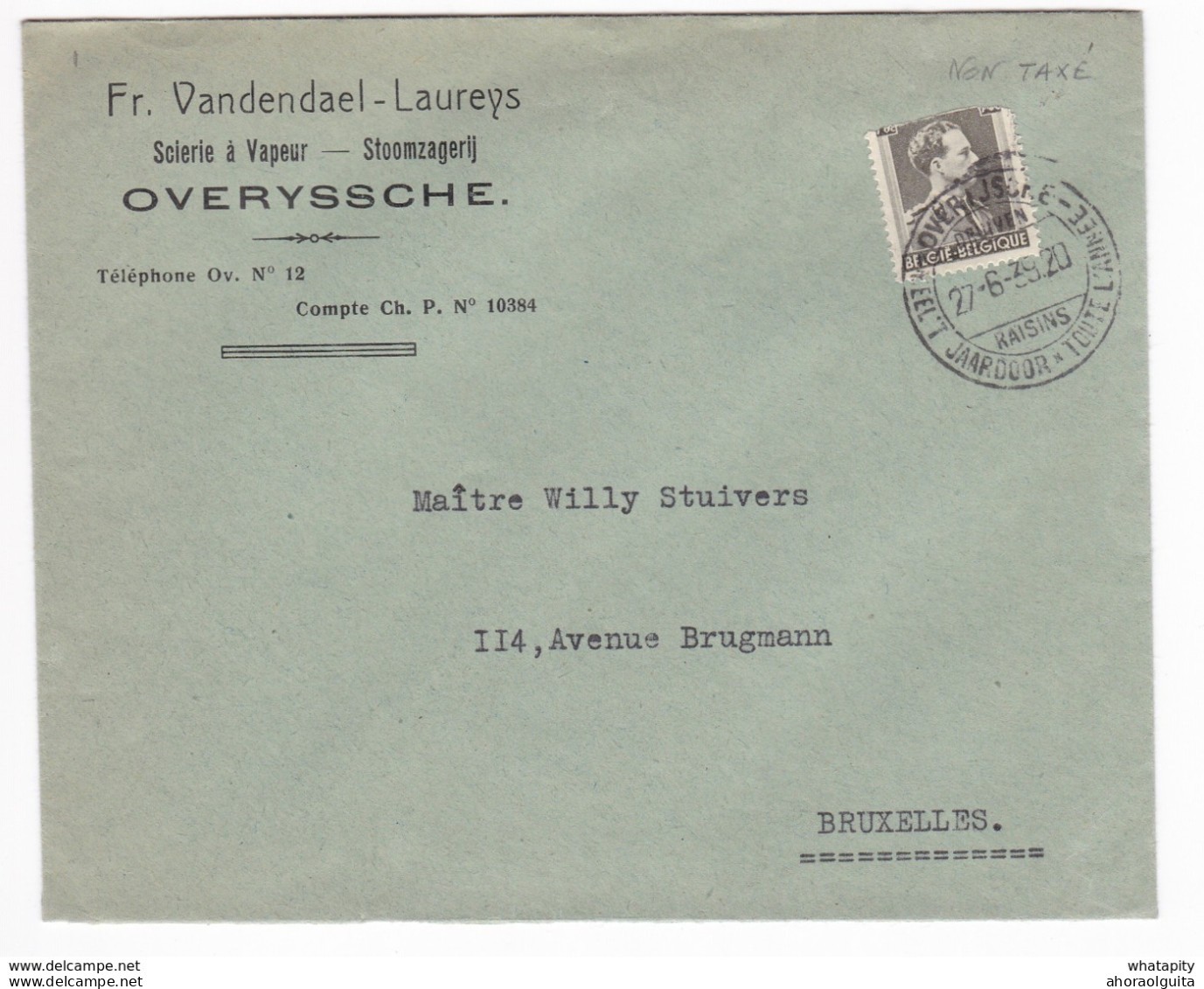 884/29 - OVERIJSE - Lettre TP Col Ouvert OVERYSSCHE Druiven 1939 - Entete Scierie à Vapeur Vandendael-Laureys - 1936-1957 Col Ouvert