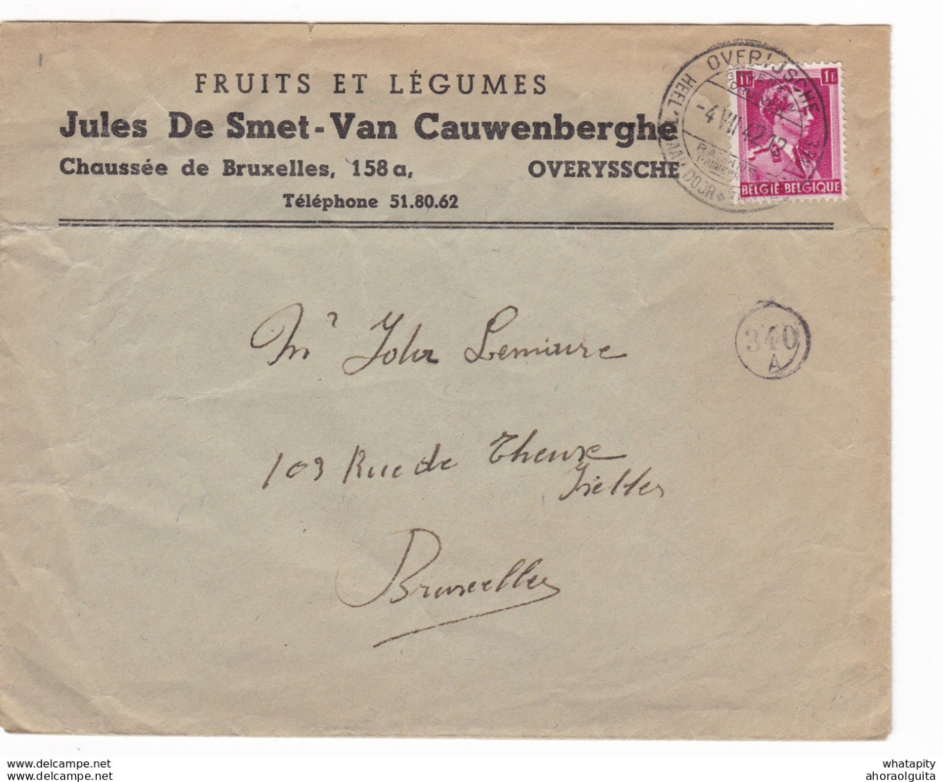 885/29 - OVERIJSE - Lettre TP Col Ouvert OVERYSSCHE Druiven 1942 - Entete Fruits Et Légumes De Smet-Van Cauwenberghe - 1936-1957 Col Ouvert