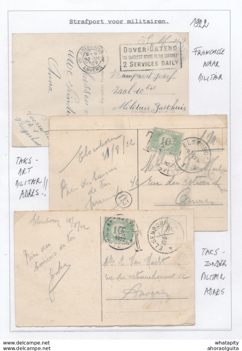 805/29 - TAXATION Sur Poste Militaire - 3 X Carte-Vue  - 1 X Franchise - 2 X ELSENBORN Taxées 10 C - Sur Feuille D'Album - Cartas & Documentos