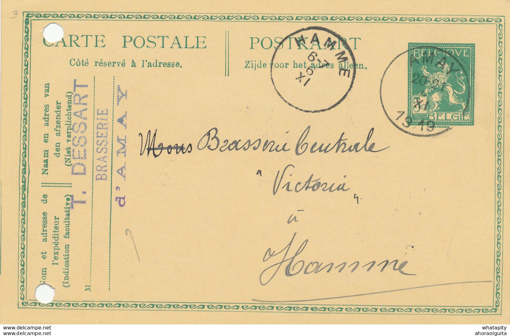 146/29 - BRASSERIE Belgique - Entier Postal Pellens AMAY 1919 Vers Brasserie HAMME - Cachet Dessart , Brasserie D' AMAY - Beers