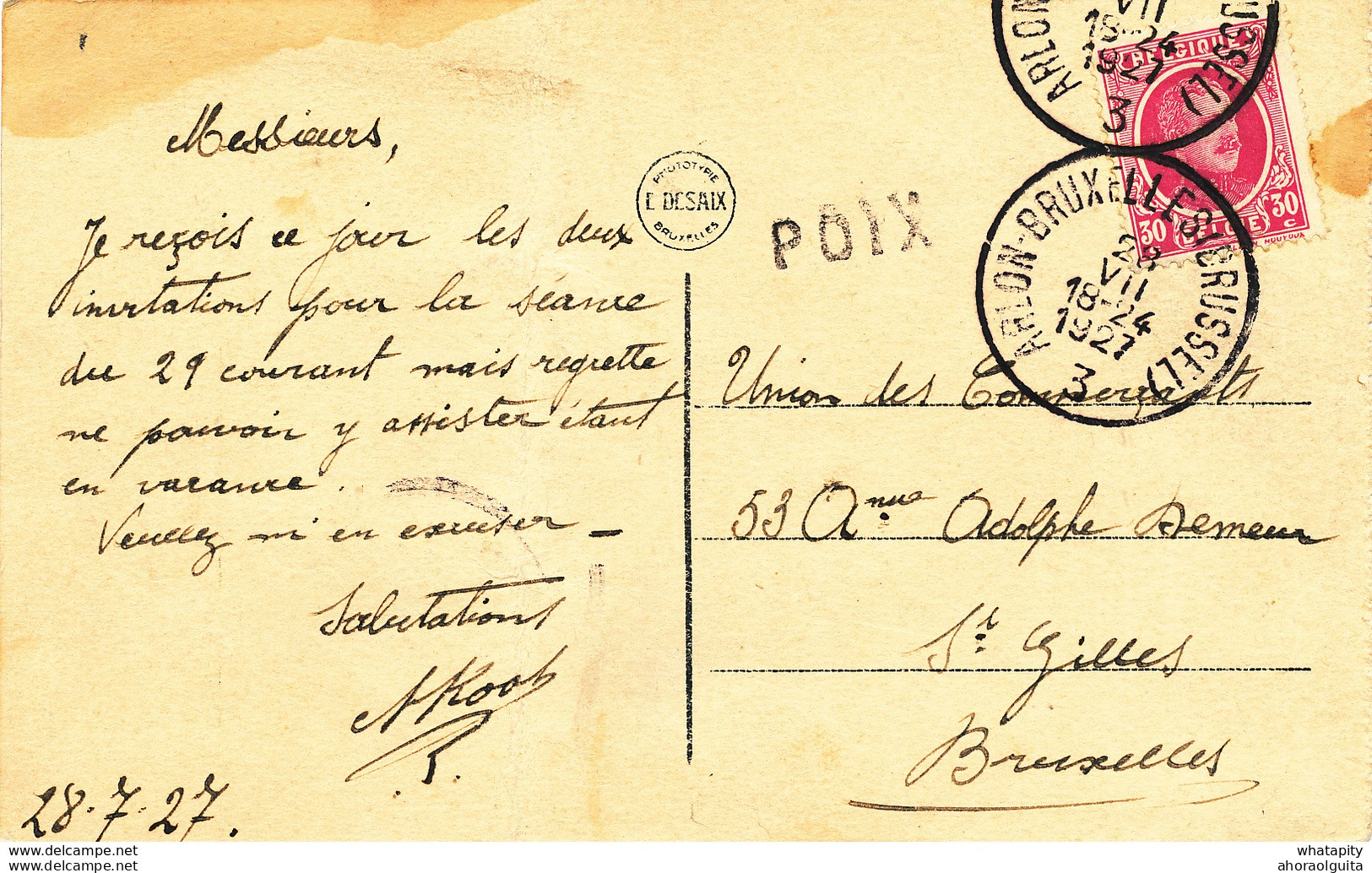 816/28 - Griffe D'origine POIX Sur Carte TP Houyoux AMBULANT ARLON BRUXELLES 3 En 1927 - Bahnpoststempel