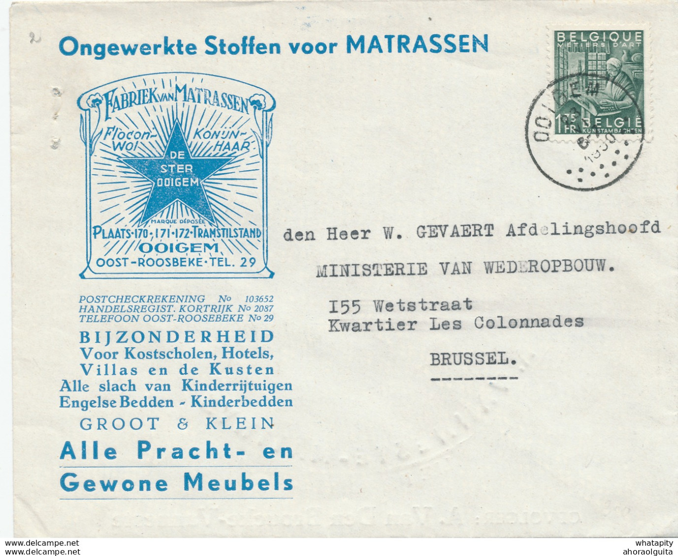 412/28 -- Lettre Illustrée TP Exportation OOIGEM 1950 - Fabriek Van Matrassen De Ster , Bedden , Meubels,Kinderrijtuigen - 1948 Exportación