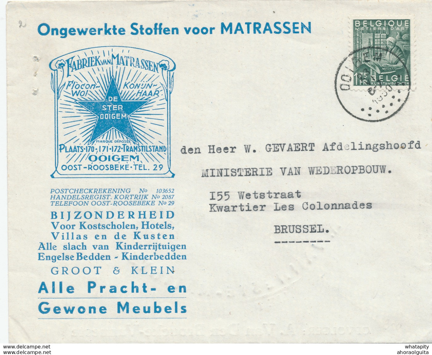 412/28 -- Lettre Illustrée TP Exportation OOIGEM 1950 - Fabriek Van Matrassen De Ster , Bedden , Meubels,Kinderrijtuigen - 1948 Export