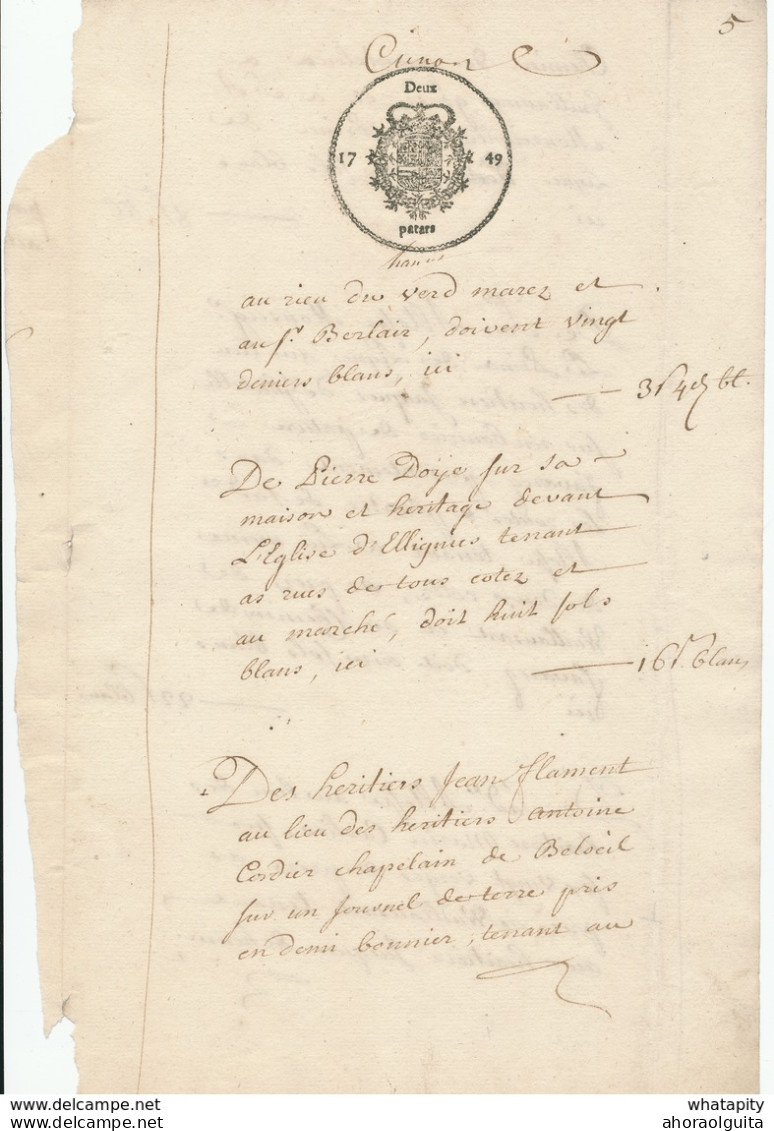 Document Fiscal Du Hainaut 2 Pages - Empreinte Deux Patars 1749 -  Mention Du Prince De Ligne Et  BELOEIL  --  SS/571A - Dokumente