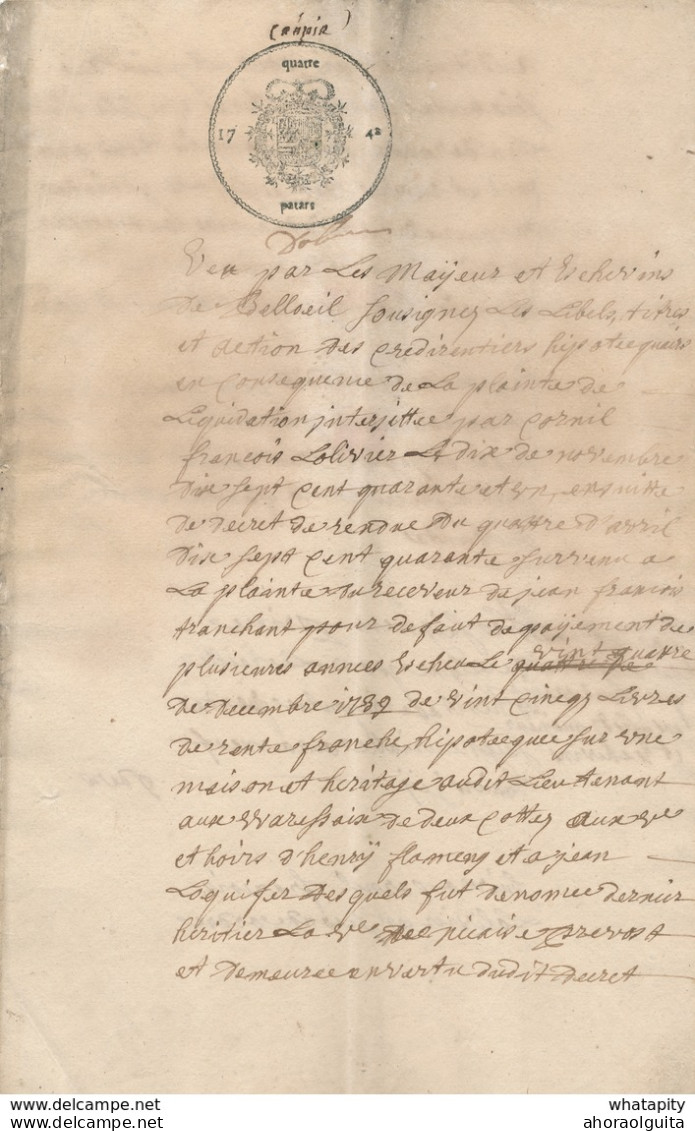 Document Fiscal Du Hainaut 2 Pages - Empreinte Quatre Patars 1742 -  Mention De BELOEIL  --  SS/570A - Documentos