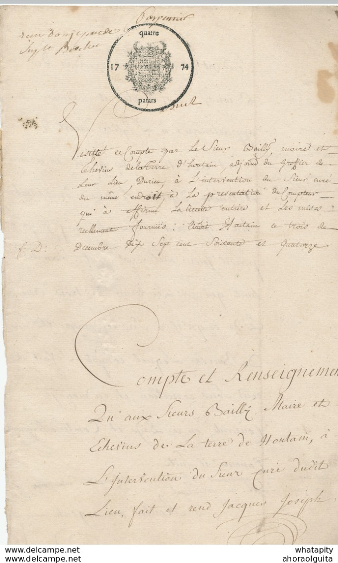 Document Fiscal Du Hainaut 2 Pages - Empreinte Quatre Patars 1774 -  Mention De HOUTAIN  --  SS/574B - Documentos