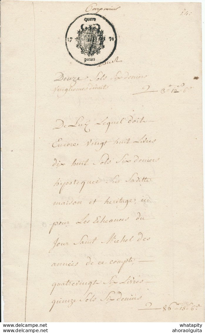 Document Fiscal Du Hainaut 2 Pages - Empreinte Quatre Patars 1774 -  Mention De LIGNE  --  SS/574A - Documents