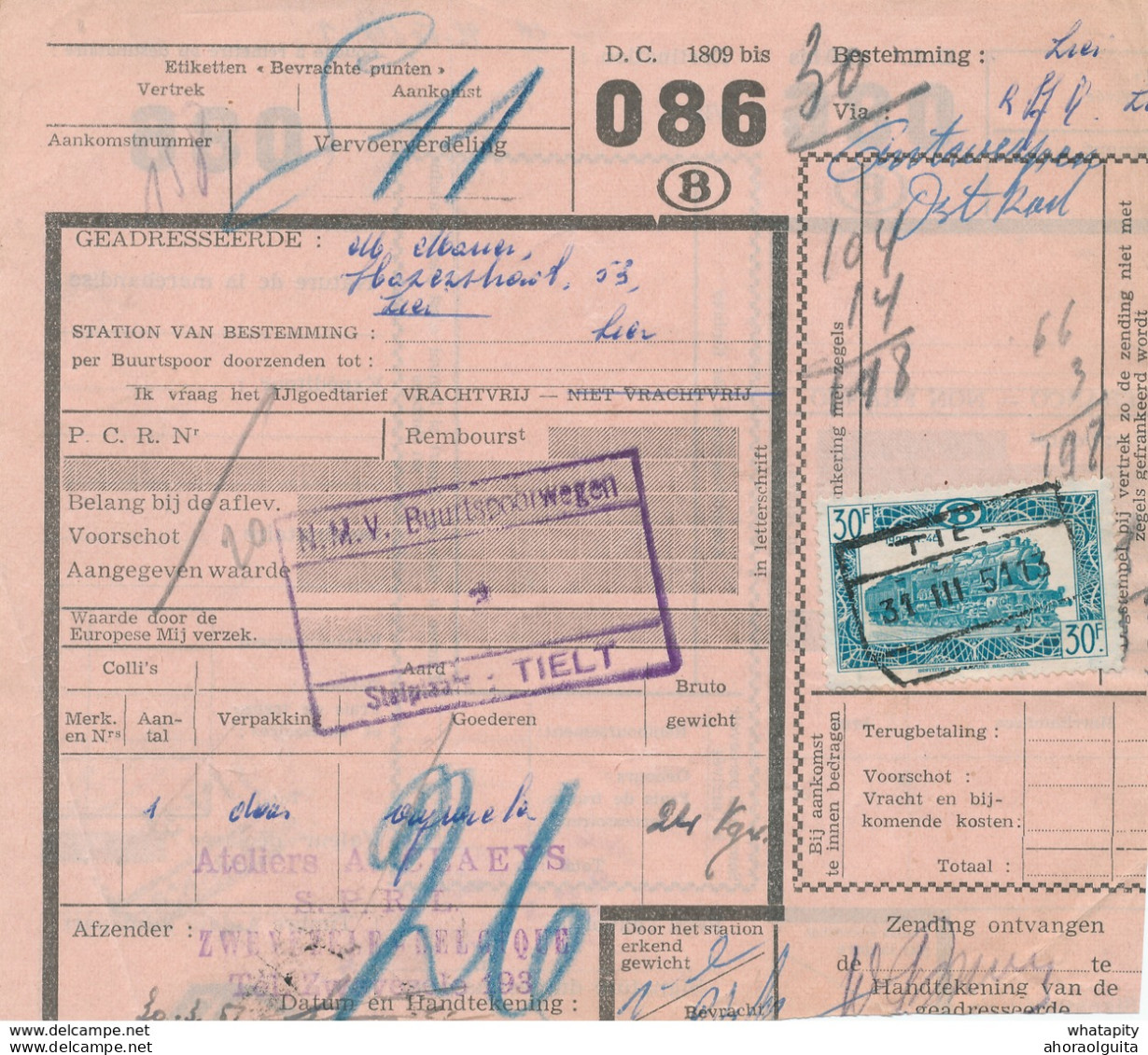 307/28 - TRANSPORT MIXTE VICINAL Et CHEMIN DE FER - Formule Colis TIELT 1951 + Buurtspoorwegen TIELT ( Ex ZWEVEZELE) - Andere & Zonder Classificatie