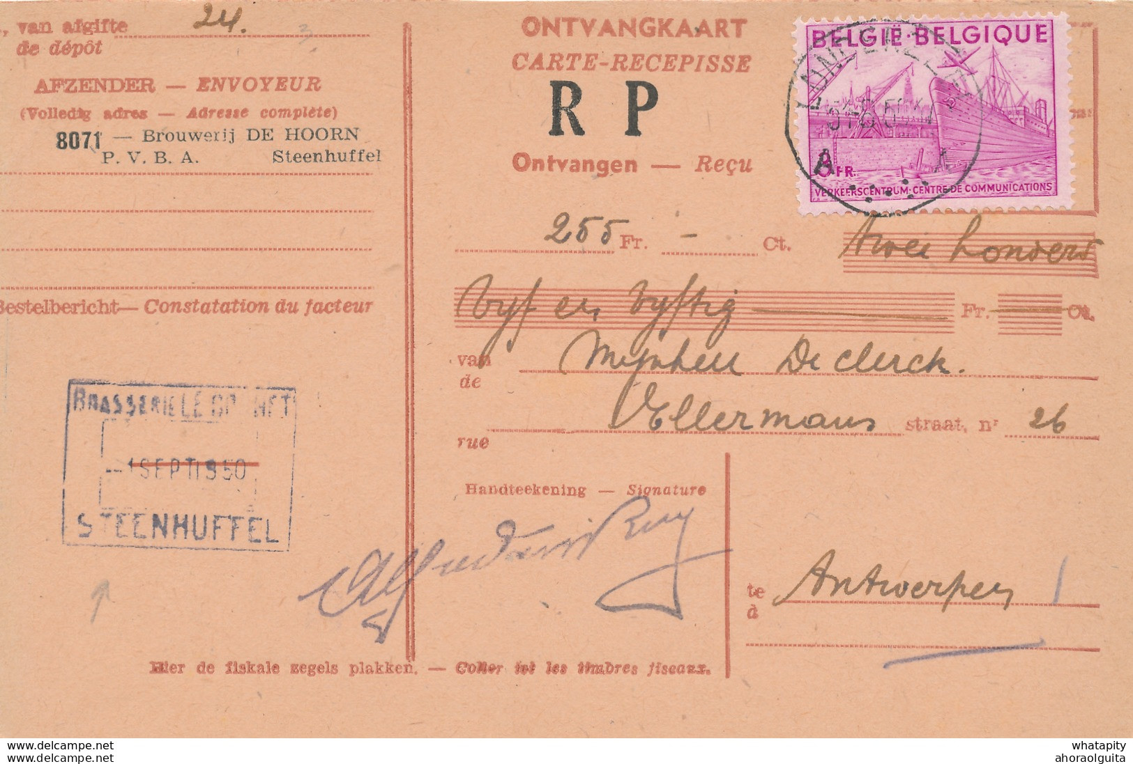 300/28 - BELGIQUE - Carte-Récépissé TP Exportations LONDERZEEL 1950 - Cachet Brasserie Le Cornet ( De Hoorn) STEENHUFFEL - Biere