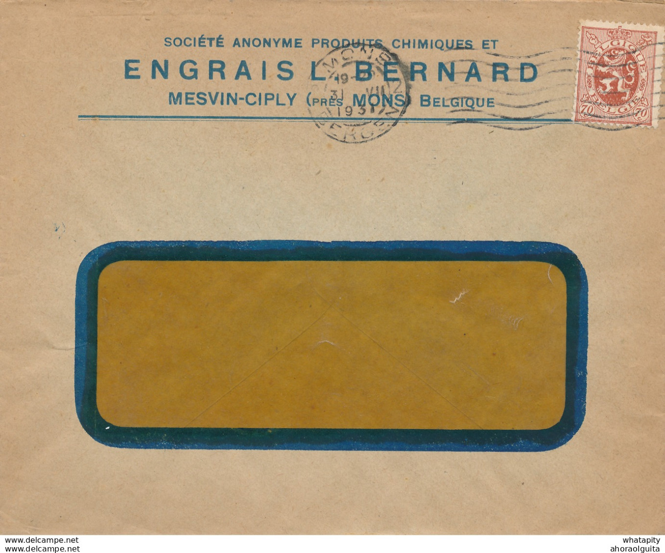 273/28 - Enveloppe TP 287 Lion Héraldique MONS 1931 - Entete Produits Chimiques Et Engrais Bernard à MESVIN-CIPLY - 1929-1937 Heraldischer Löwe