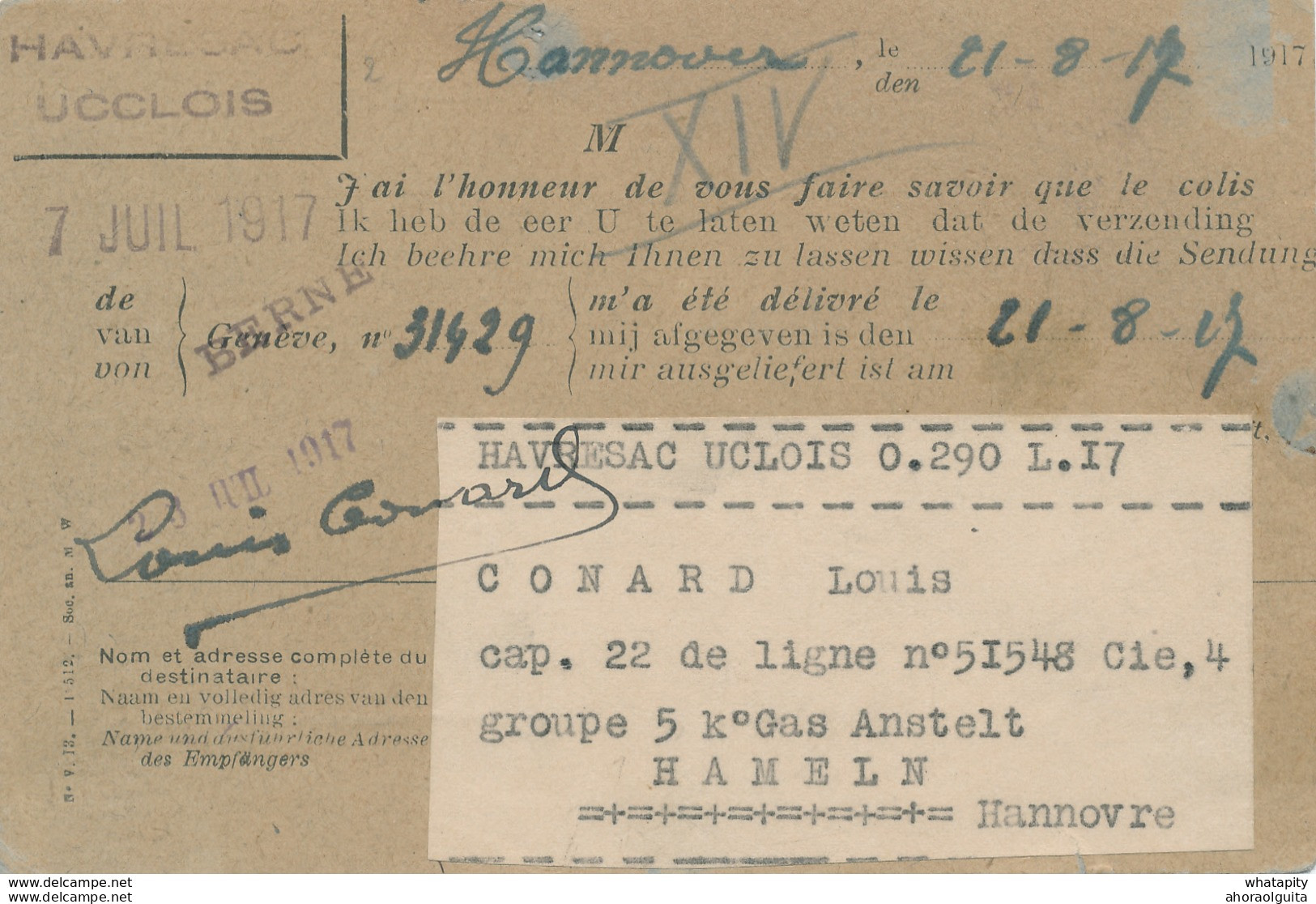 289/28 - Carte-Formule Du HAVRESAC UCCLOIS + RARE Etiquette - Prisonnier Belge à HAMELN 1917 - Réception D'un Colis - Krijgsgevangenen