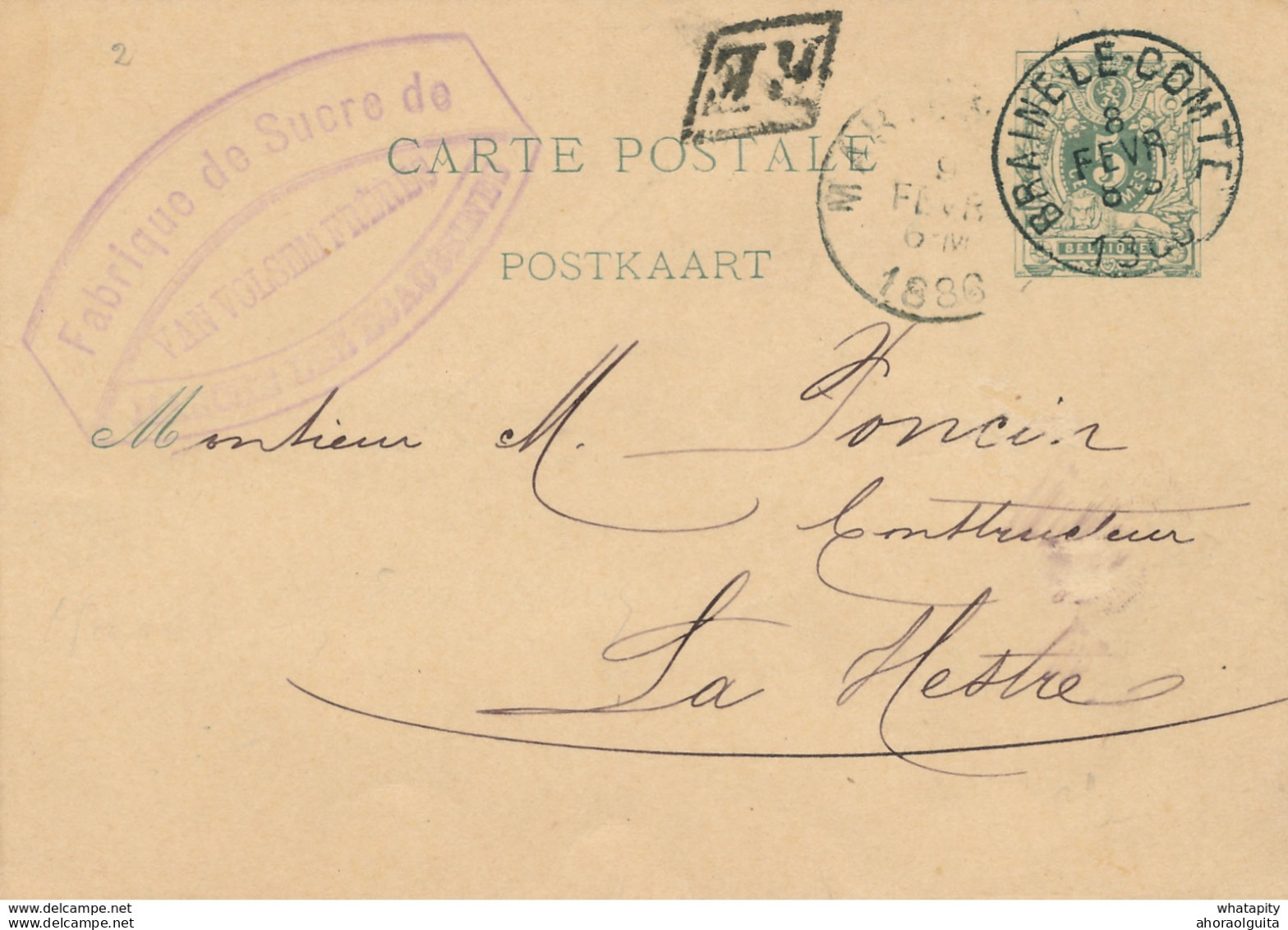 291/28 - Entier Postal Lion Couché BRAINE LE COMTE 1886 - Boite Urbaine RE De MARCHE Lez ECAUSSINES - Posta Rurale