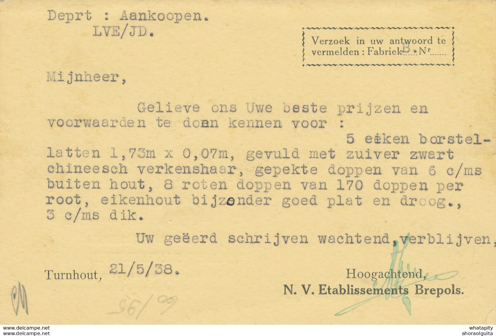 233/28 - CARTES A JOUER Belgique - Carte Publicitaire TP Petit Sceau TURNHOUT 1938 - Etablissements BREPOLS - Unclassified