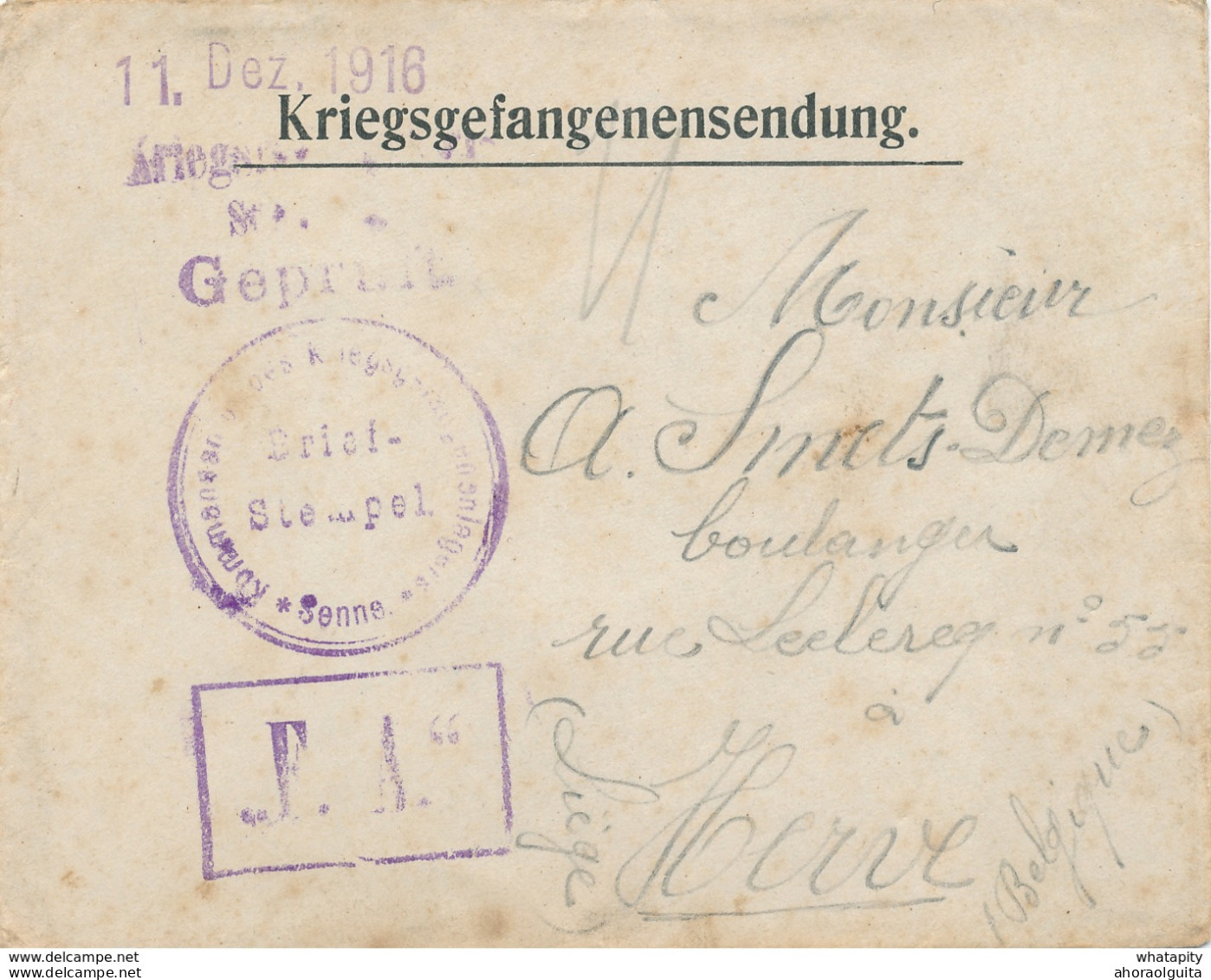 645/27 -  Lettre Kriegsgefangenen SENNE Lager - Prisonnier Civil Smets Vers HERVE 1916 - Censure Du Camp - Kriegsgefangenschaft