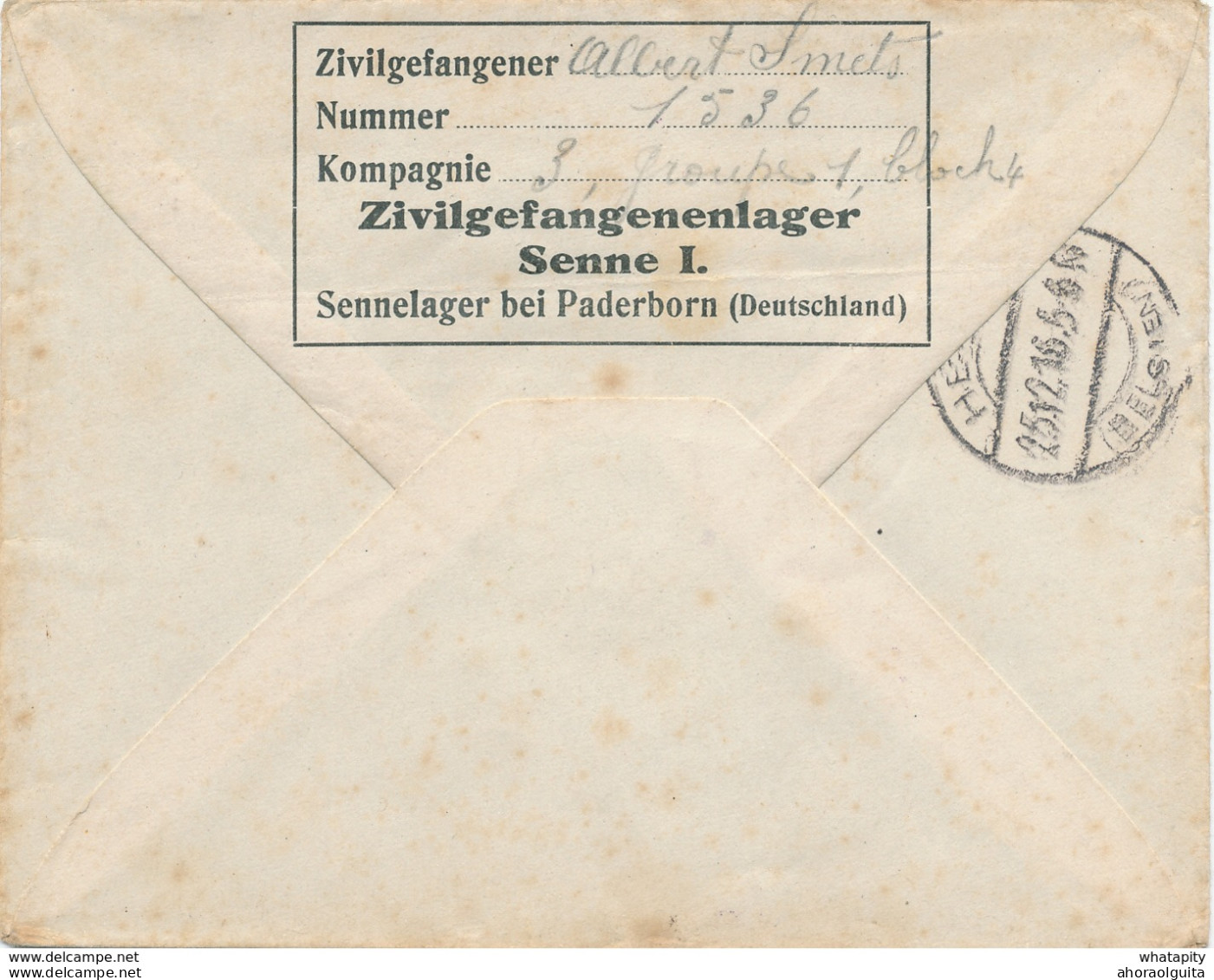 645/27 -  Lettre Kriegsgefangenen SENNE Lager - Prisonnier Civil Smets Vers HERVE 1916 - Censure Du Camp - Prisoners