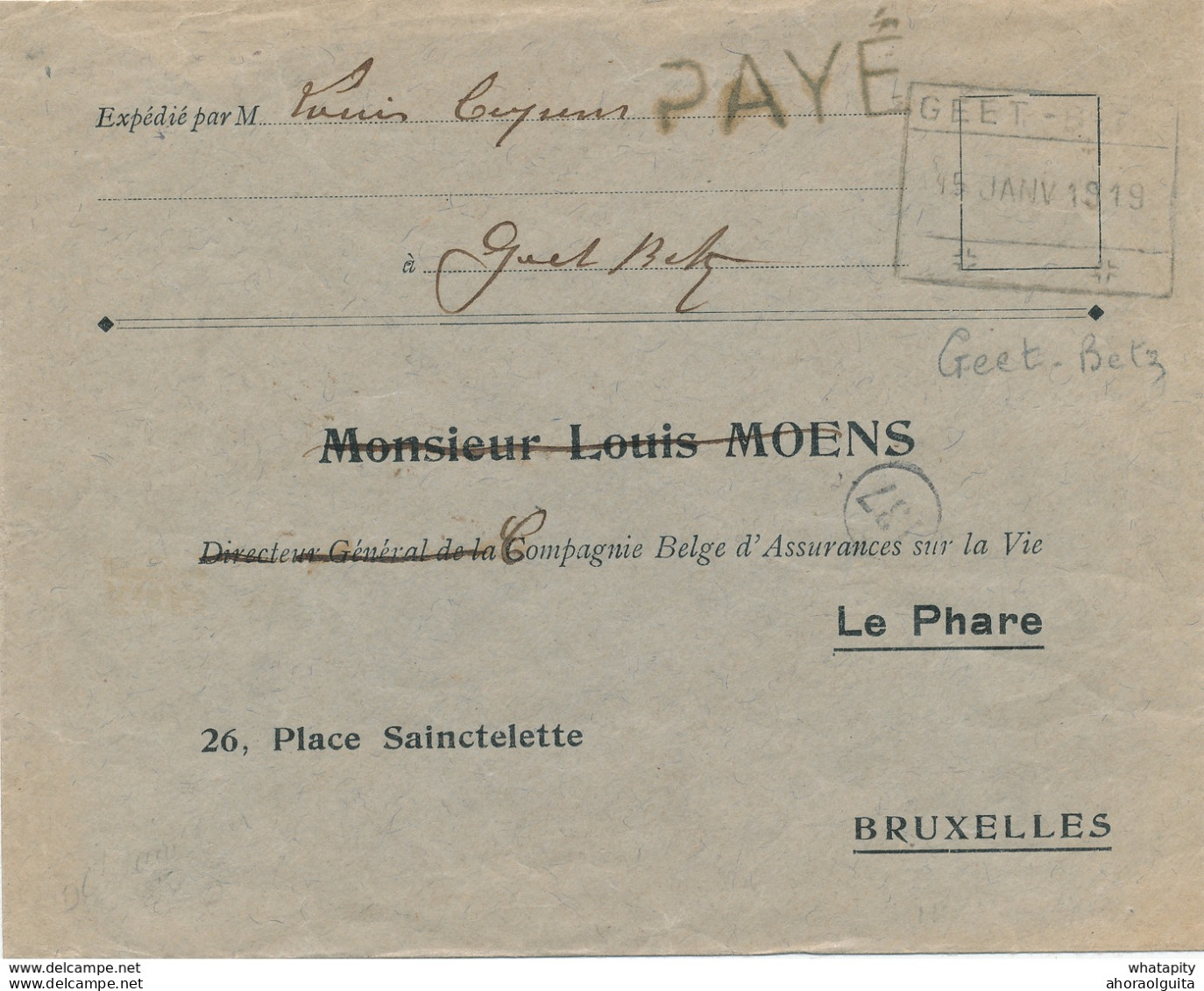 560/27 -  Enveloppe Port PAYE - Cachet De FORTUNE Rectangle Chemin De Fer GEET BETZ 1919 - Foruna (1919)