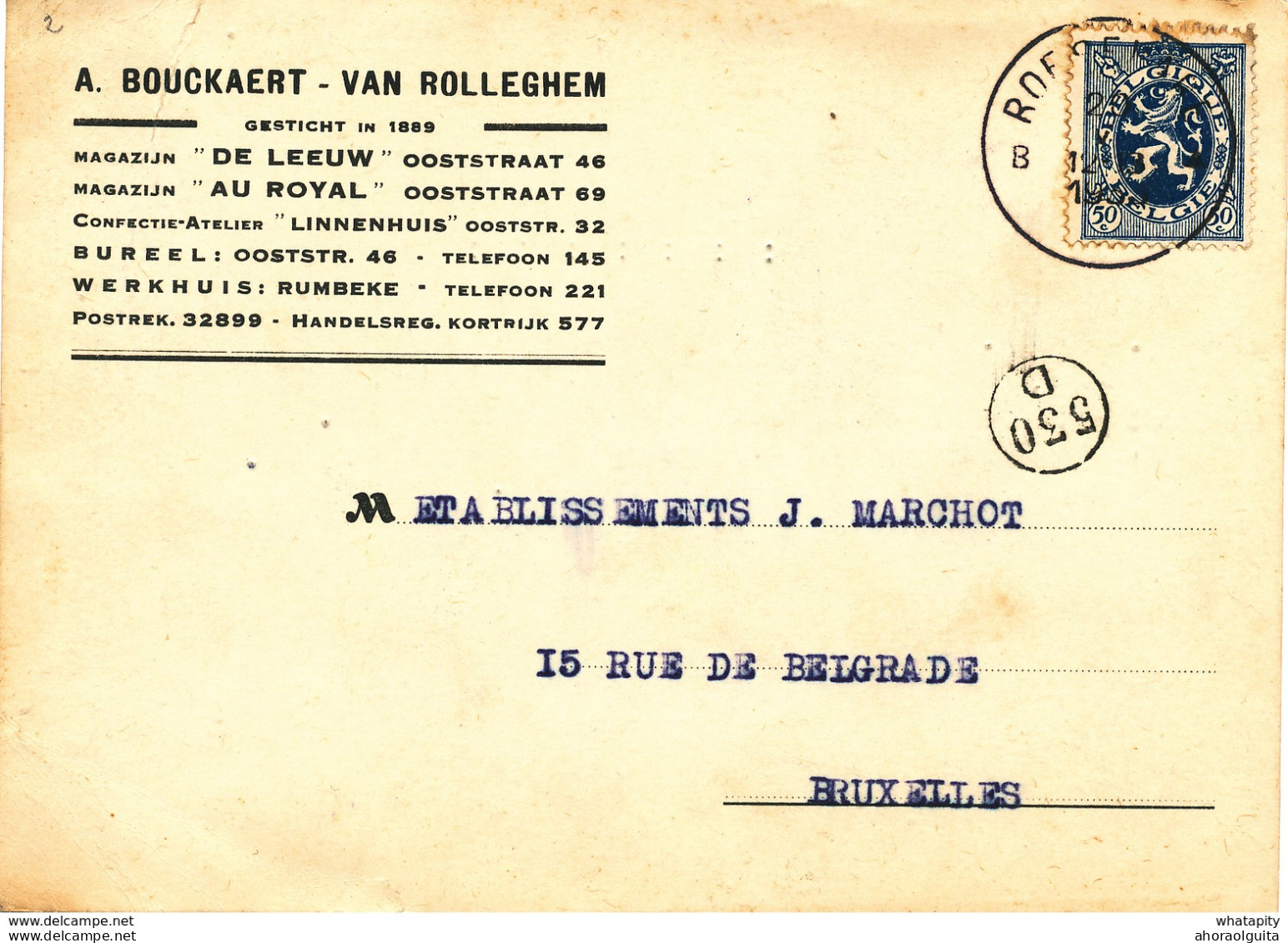 572/27 -  Carte Privée TP Lion Héraldique ROESELARE 1933 - Entete Bouckaert-Van Rolleghem, Magazijnen - RUMBEKE Werkhuis - 1929-1937 Lion Héraldique