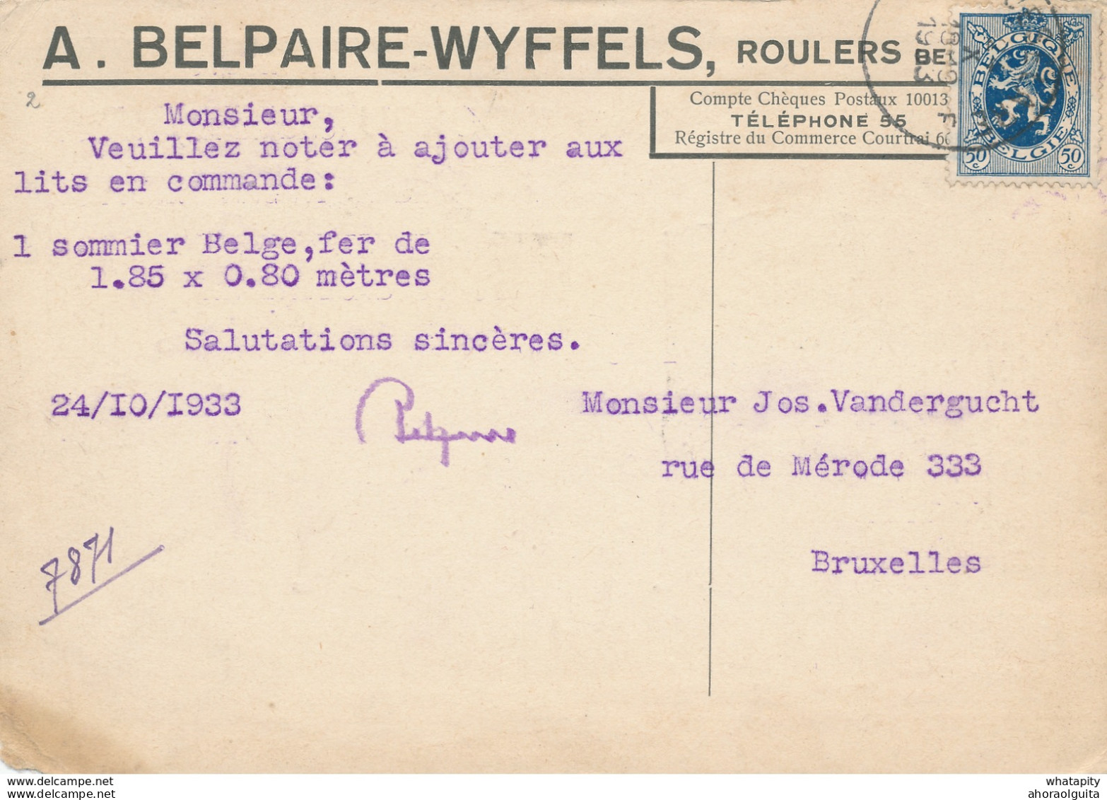 571/27 -  Carte Illustrée TP Lion Héraldique ROESELARE 1933 - Buanderie Culbutor , Belpaire-Wyffels - 1929-1937 Lion Héraldique