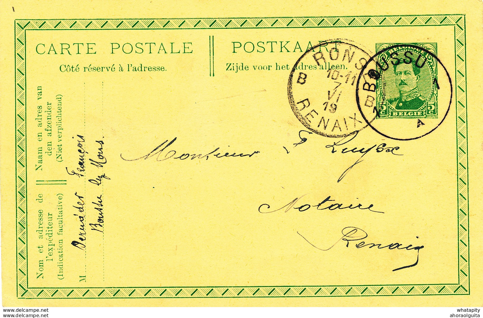 553/27 -  Entier Petit Albert Cachet De FORTUNE Centre Vide BOUSSU Vers RONSE 1919 - Fortune Cancels (1919)