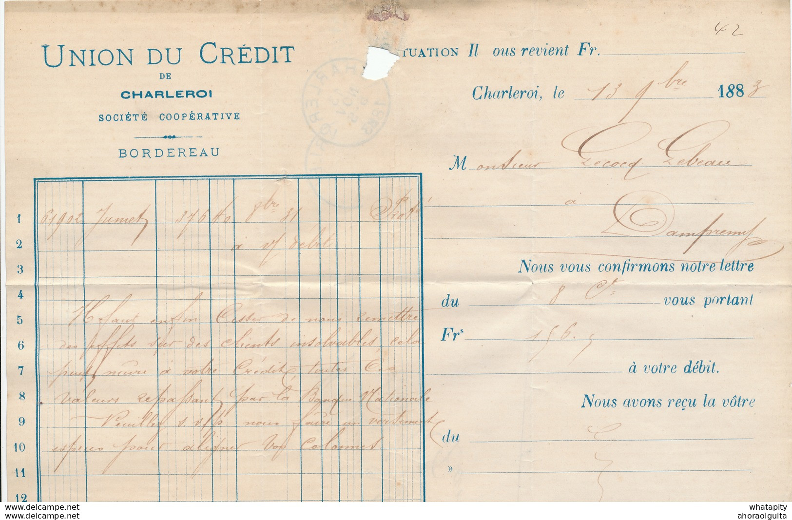 507/27 - Lettre TP 38 CHARLEROI 1883 Vers DAMPREMY - Entete Union Du Crédit - 1883 Leopold II