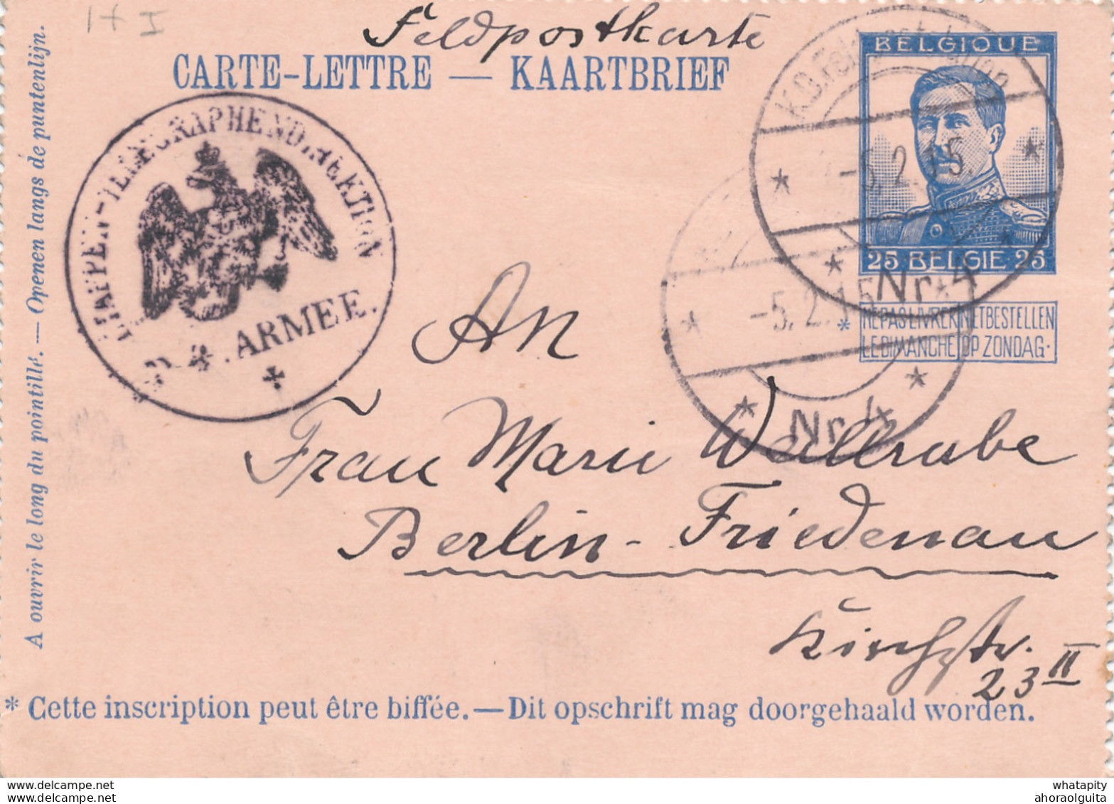 480/27 -- Carte-Lettre Pellens De GENT - Annulation Allemande Feldpost No 4 + Direction Des Télégraphes 1915 Vers BERLIN - Army: German