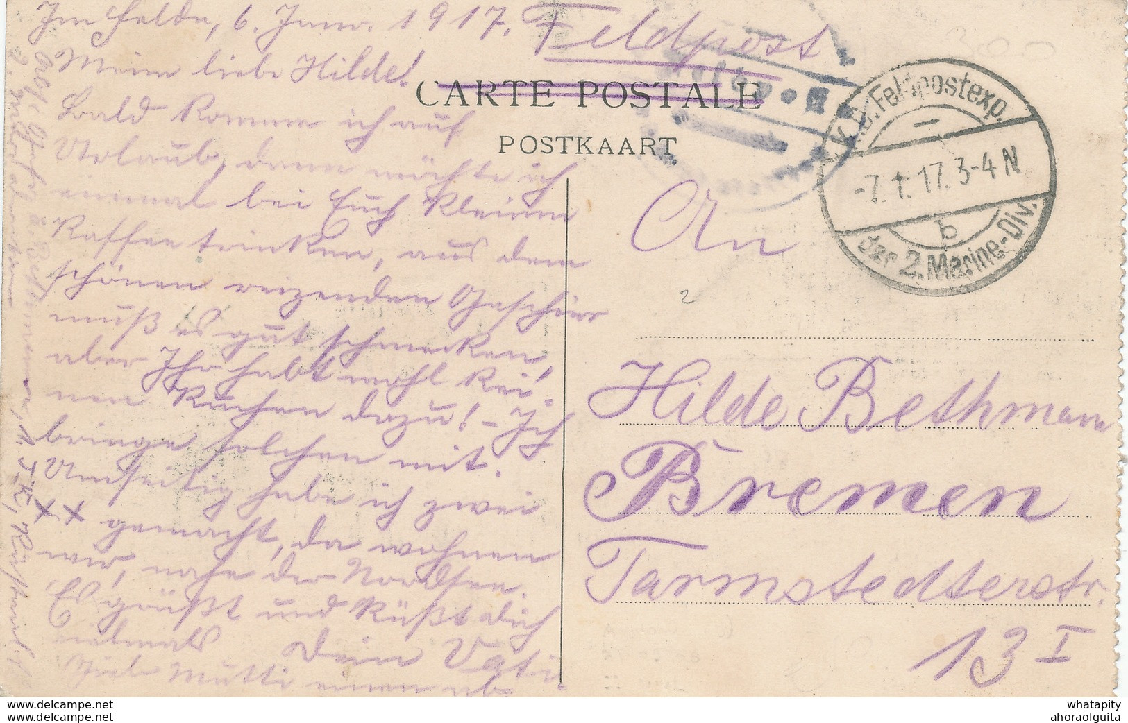 465/27 -- Carte-Vue De MIDDELKERKE Cachet Feldpostexp. Des 2 MARINE-DIV B 1917 Vers BREMEN Allemagne - Armée Allemande