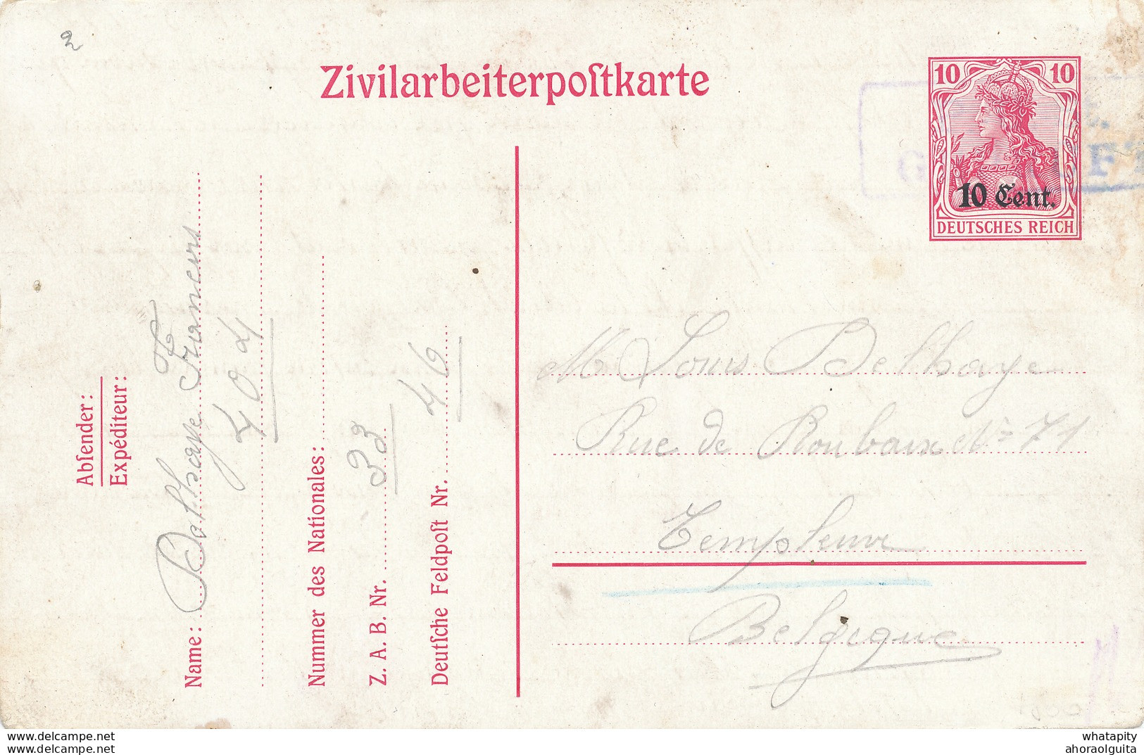 451/27 -- Zivilarbeiterpostkarte Germania - Expéd.Delhaye ZAB 33 Vers TEMPLEUVE 1918 -  Annulation Par Censure - OC26/37 Etappengebied.