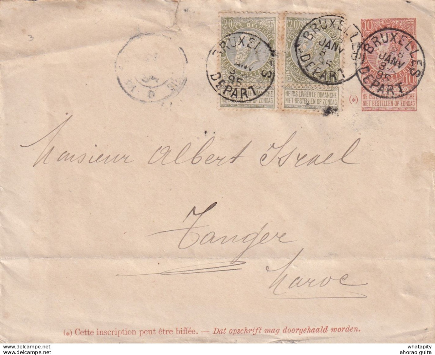 DDX 282 -- Entier Postal Enveloppe Fine Barbe + TP Dito Bruxelles 1895 Vers TANGER Maroc  - JUDAICA Albert Israel - Briefe