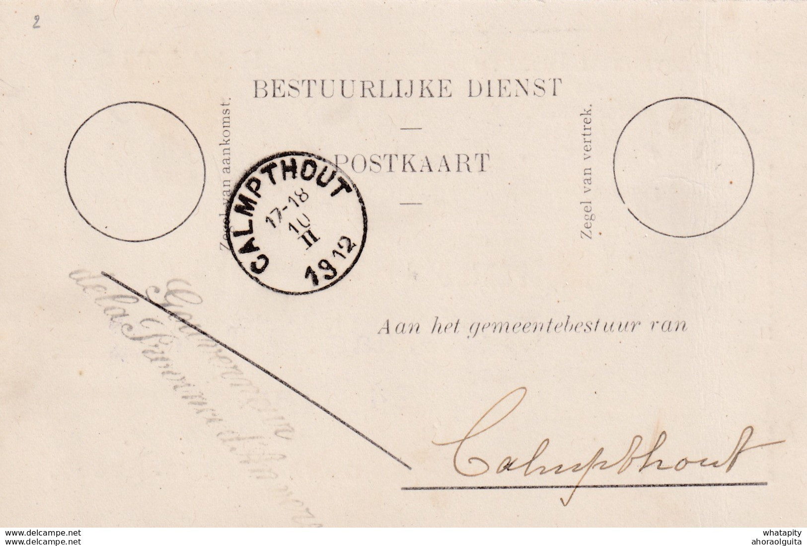 DDX 190 - Provincie ANTWERPEN - Dienstkaart Cursive Gouverneur De La Province D' Anvers 1912 Vers T2R CALMPTHOUT - Franchise
