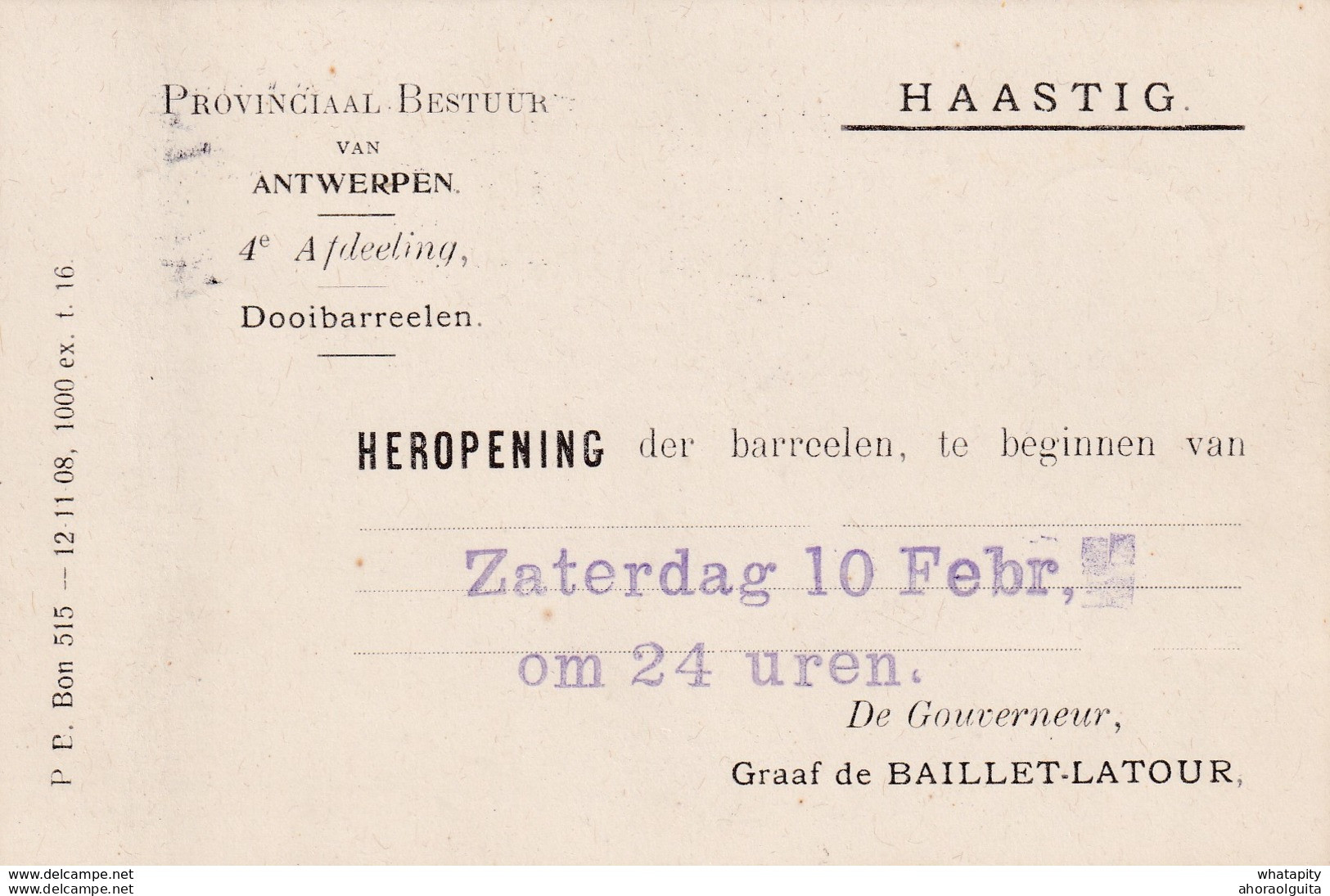 DDX 190 - Provincie ANTWERPEN - Dienstkaart Cursive Gouverneur De La Province D' Anvers 1912 Vers T2R CALMPTHOUT - Franchise