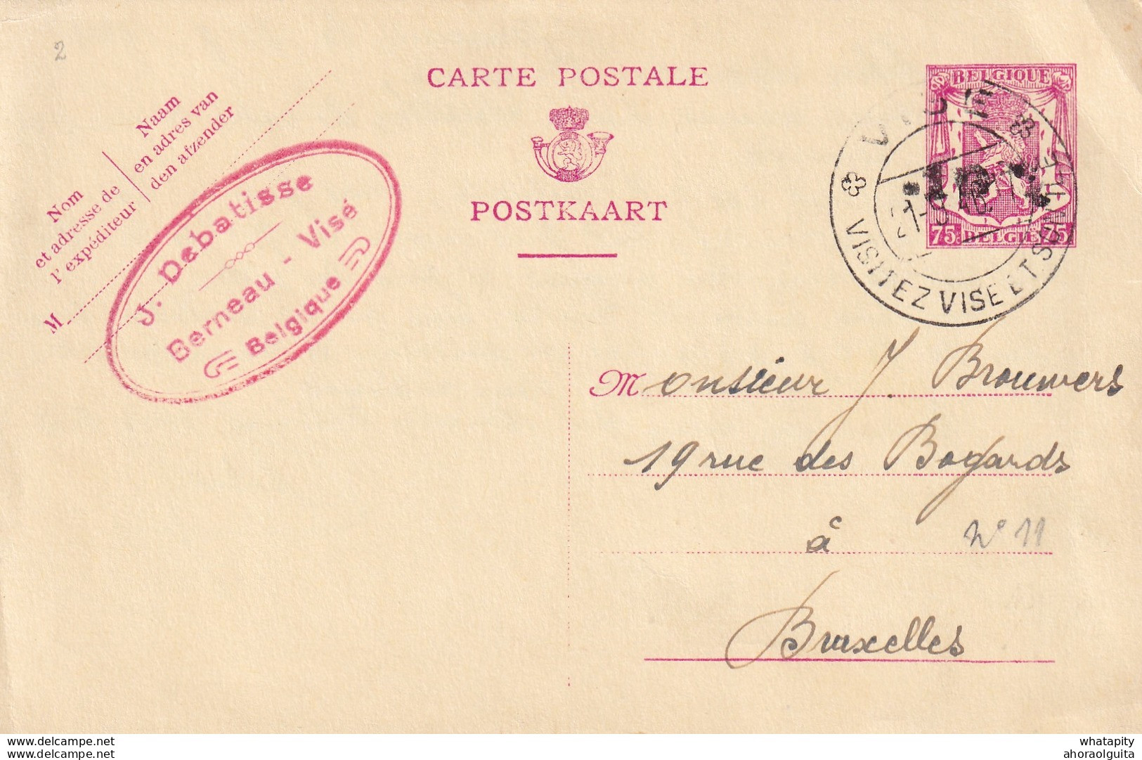 DDX 124 - Entier Petit Sceau Surcharge Locale Moins 10 % VISE 1946 Vers BXL - Cachet Debatisse à BERNEAU (Visé) - Postkarten 1934-1951