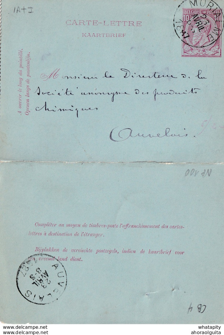 DDW766 - Entier Carte-Lettre Type TP 46 MORIALME 1887 Vers AUVELAIS - Origine Manuscrite Chateau D' ORET - Letter-Cards