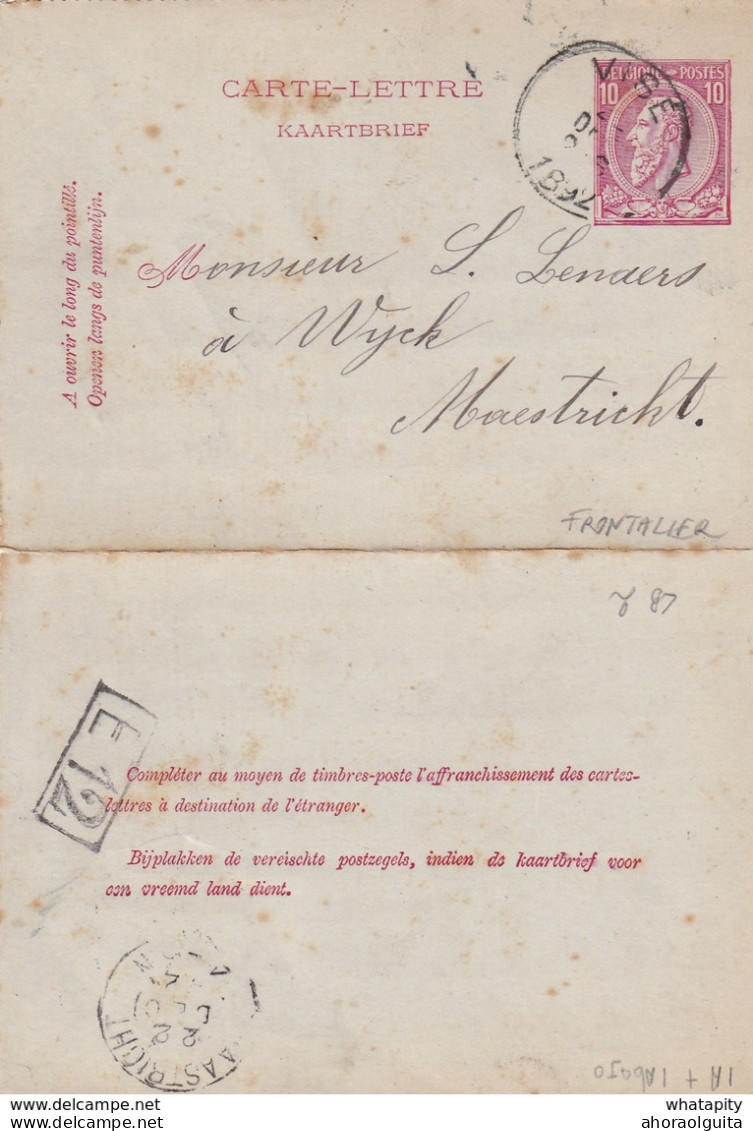 DDW750 - Entier Carte-Lettre Type TP 46 VISE 1892 Vers MAESTRICHT NL - TARIF FRONTALIER 10 C -Origine Manuscrite BOMBAYE - Cartes-lettres